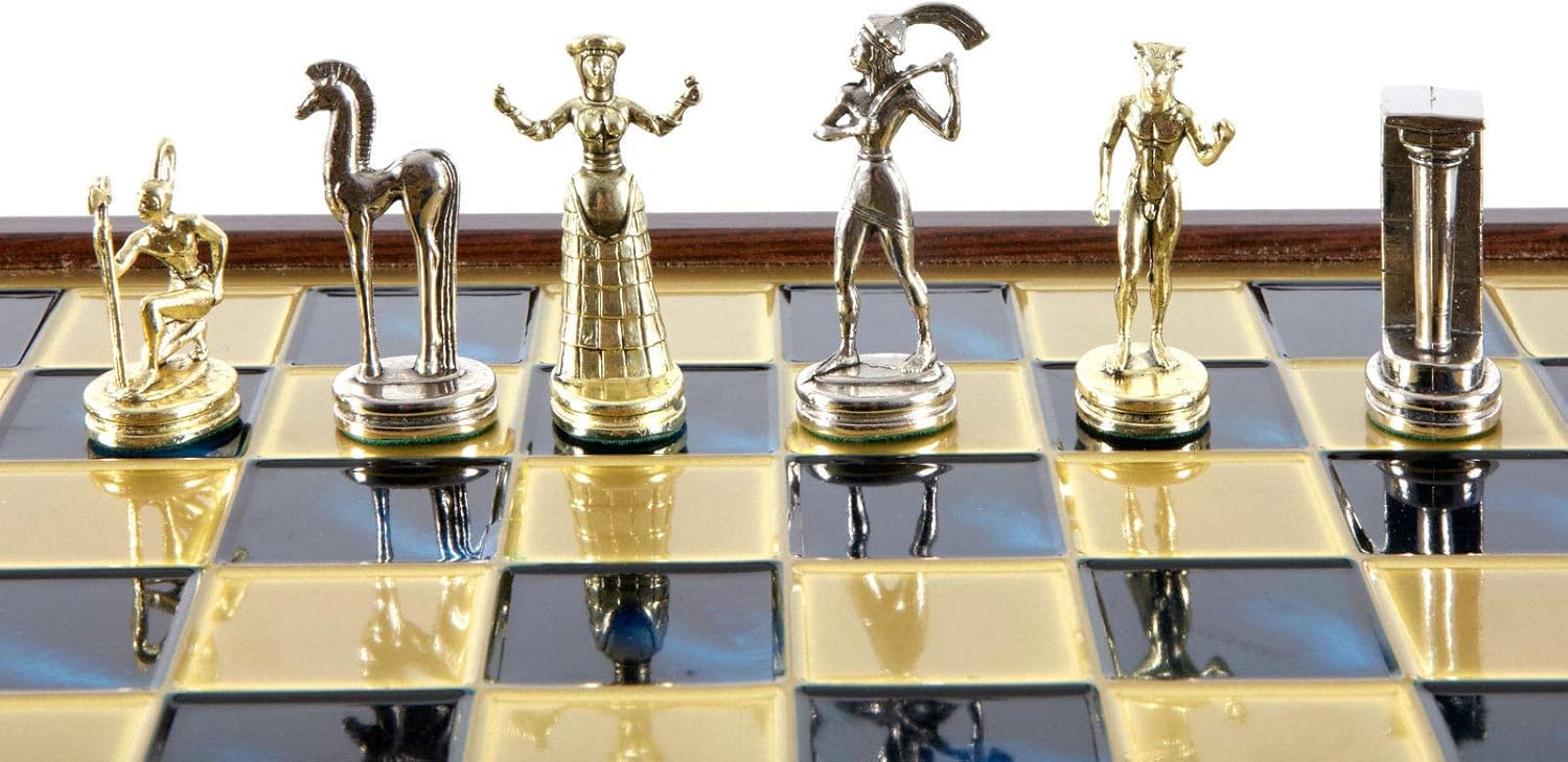 Manopoulos Minoan Period Brass-Nickel Chess Set - Wooden case Blue Brass Board