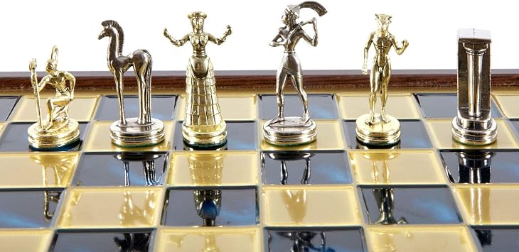Manopoulos Minoan Period Brass-Nickel Chess Set - Wooden case Blue Brass Board