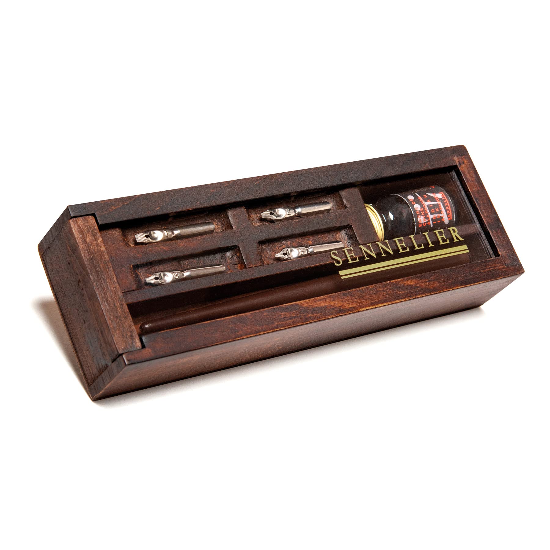 Sennelier Calligraphy Small Wood Set, Includes a Bottle of China Ink, 4 Nibs and a Lacquered Nib Holder (10-134024-00)