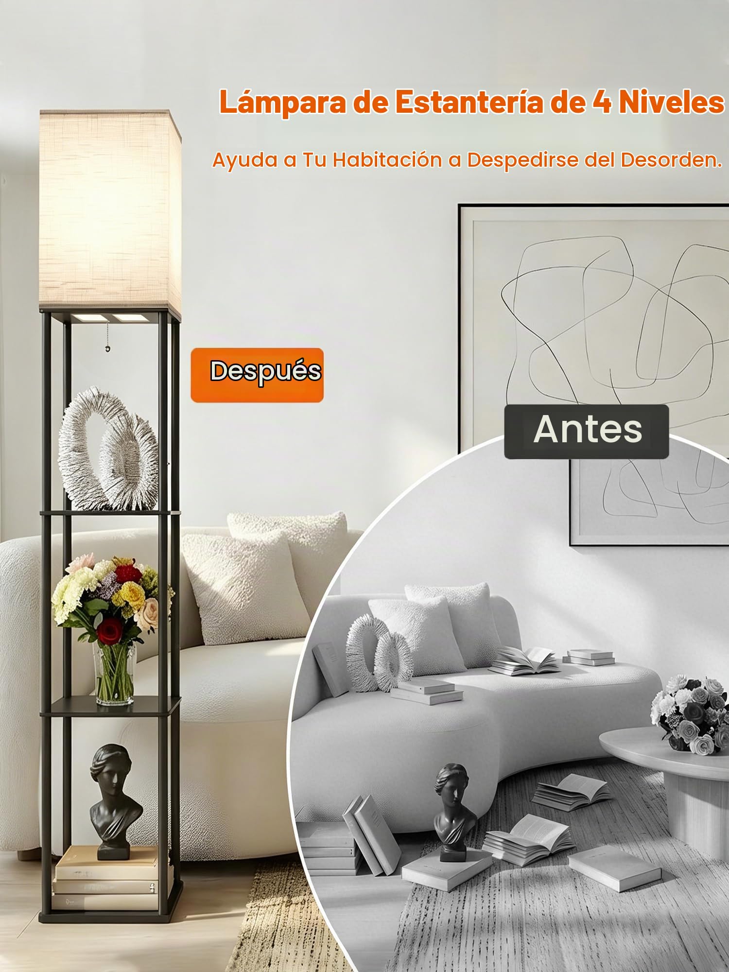 Aimosen Lámpara de Pie Madera, Lámpara de Piso 3000K-5000K con Estante, Lámpara de Lectura con Portalámparas E27, con 3 Niveles, Decoraciones Interiores Adecuado Para el Salón y el Dormitorio