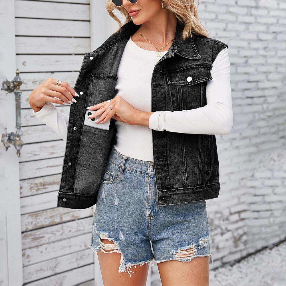 Gilet en Jean Femme Veste en Jeans sans Manches avec Poches et Boutons Veste en Denim sans Manches Ample Classique Boyfriend Jean Veste Jeans Jacket Outwear