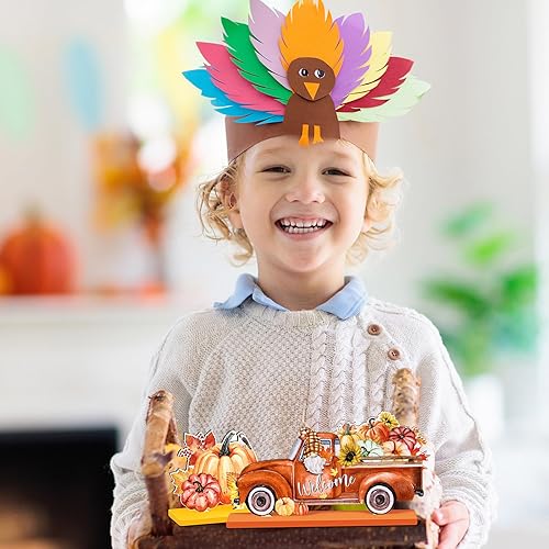 Miniatura 5 de Soaoo 6 piezas de decoración de mesa de otoño, letreros de madera para mesa de Acción de Gracias, gnomos, calabaza, camión, espantapájaros, centros