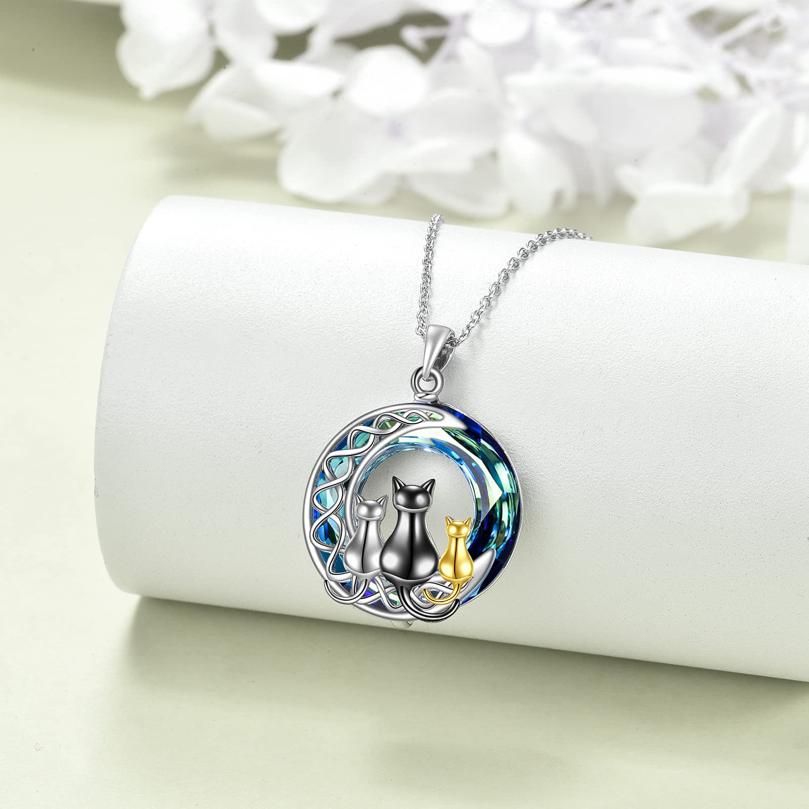 POPLYKE Katze Halskette Sterling Silber Schwarzer/Weiß Herz/Mond/Mondstein/Kristall Irischer Schmuck Geschenke für Frauen