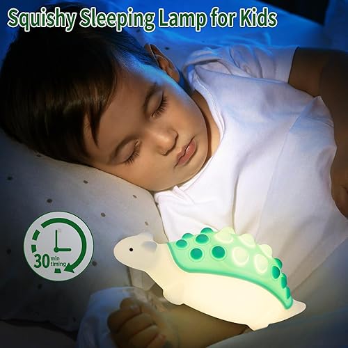 Miniatura 5 de Luz nocturna de dinosaurio para niños, lámpara de dinosaurio de silicona con burbujas emergentes, 7 modos de luz nocturna recargable, decoración de