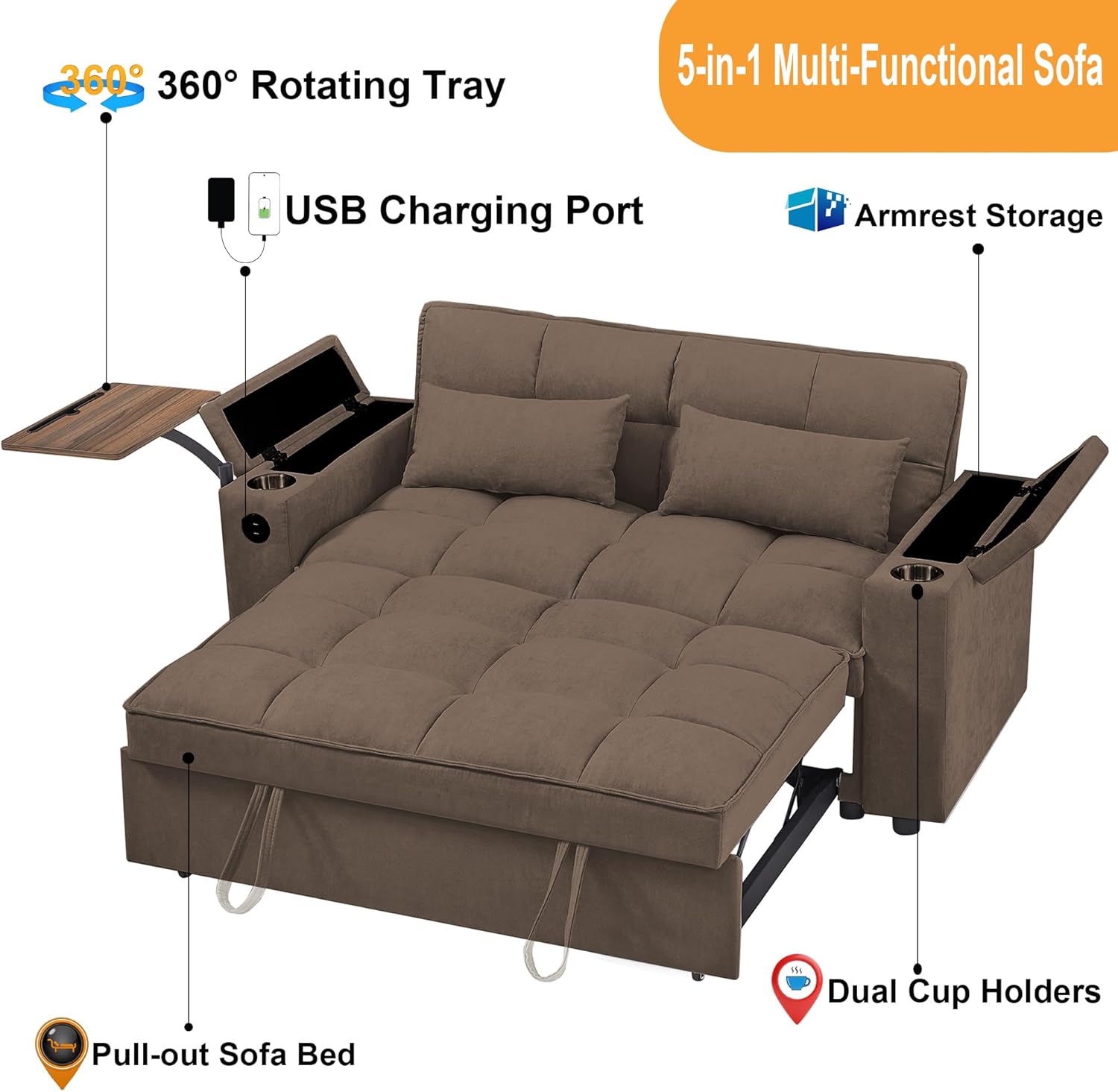 65'' 3-in-1 Folding Convertible Sofa Bed, Pullout Sofa, Modern Chenille Fabric, 360° Swivel Side Table, Easy Assembly, Perfect for Living Room(ZY-1107A-Brown) I-brown
