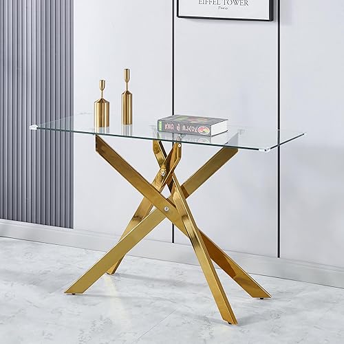 Miniatura 10 de Mesa auxiliar de cristal de 47 pulgadas, mesa central rectangular moderna con parte superior de vidrio templado transparente y patas de metal