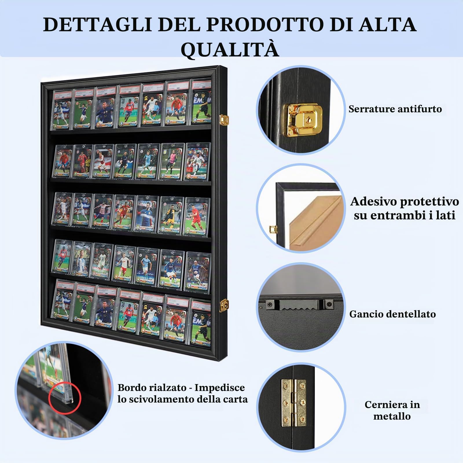 Espositore per carte sportive con 35 gradazioni, cornice per carte da baseball, con protezione UV, trasparente, con serratura, per pallacanestro da collezione, finitura nera