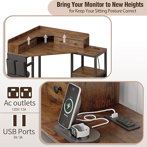 Miniatura 3 de Escritorio de esquina con 6 cajones de tela y estantes para espacios pequeños, escritorio de computadora con tomas de corriente, escritorio gaming