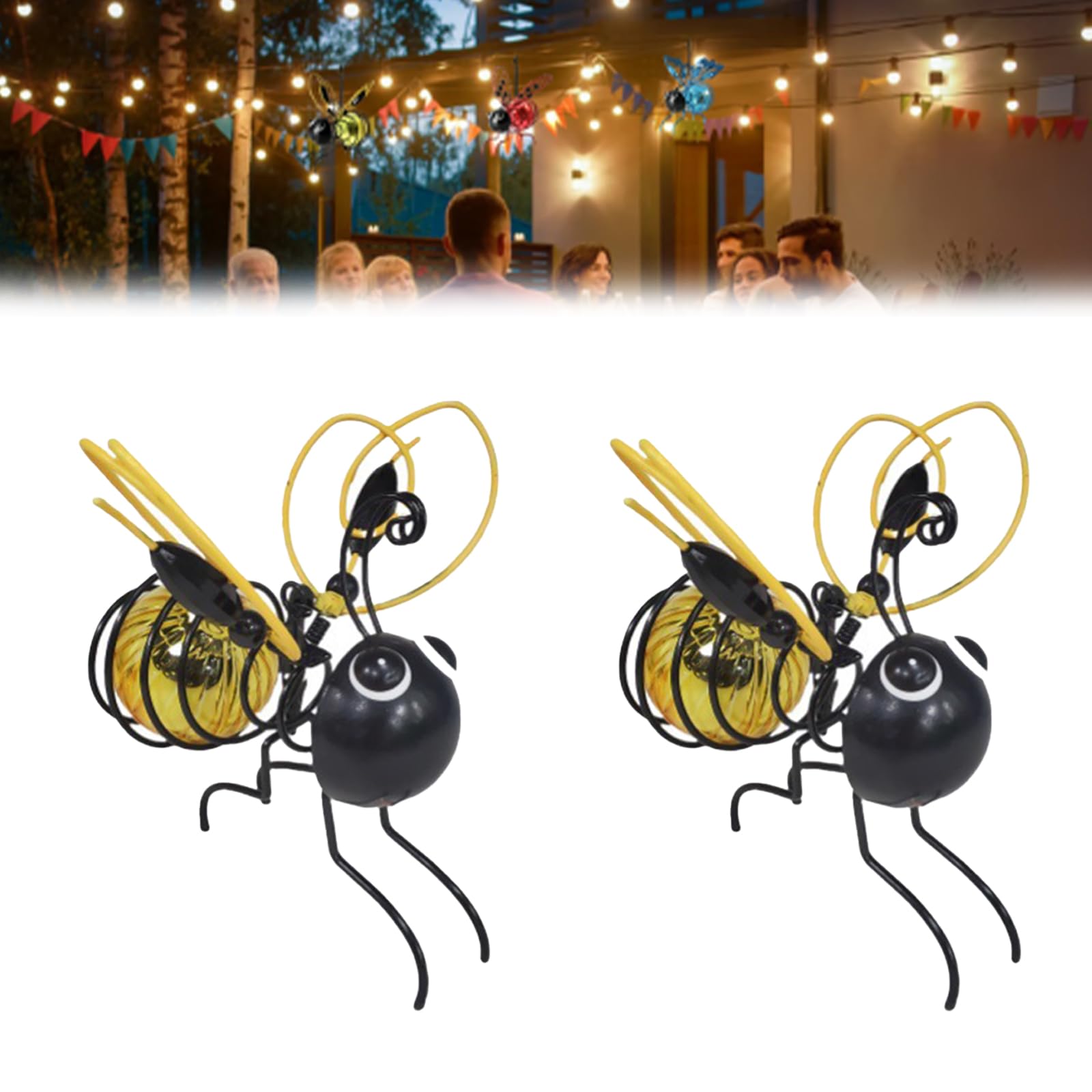 Outdoor Hanging Solar Bee Light, Metal Solar Garden Bees Lights Outdoor, Led Bugs Lantern Decoration with Bouncy Springs for Patio Yard Pathway Backyard Balcony Porch Housewarming Gifts (Yellow*2)