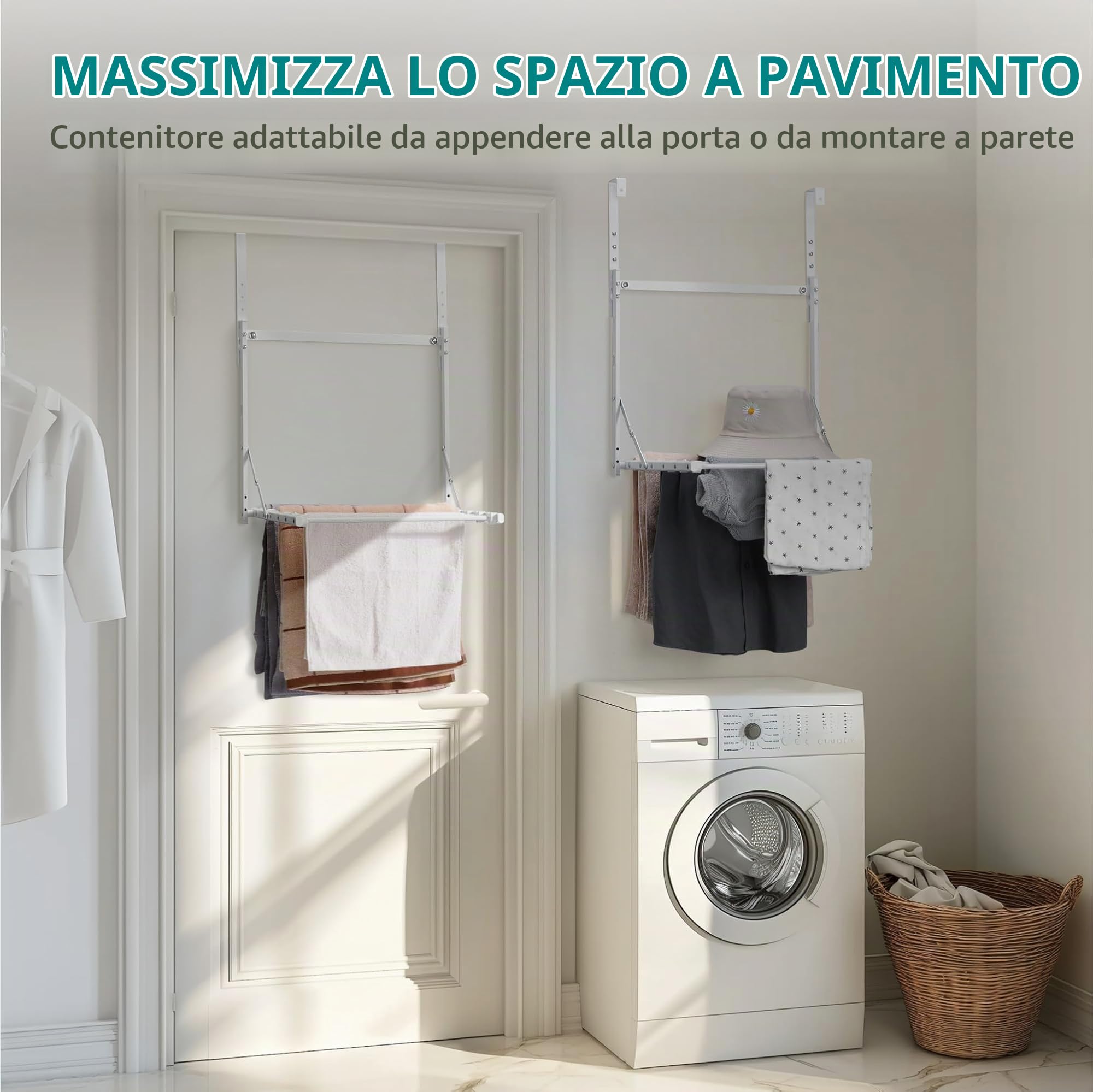Navaris Stendibiancheria da Parete - Stendino Salvaspazio Pieghevole a 2 Livelli - Stendipanni a Muro o su Porta - Stendi Biancheria Panni - Richiudibile con Altezza Regolabile