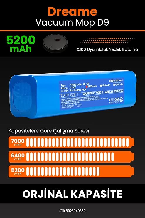 robo mi Robot Süpürge Bataryası Dreame D9 RobotUyumlu 5200mAh