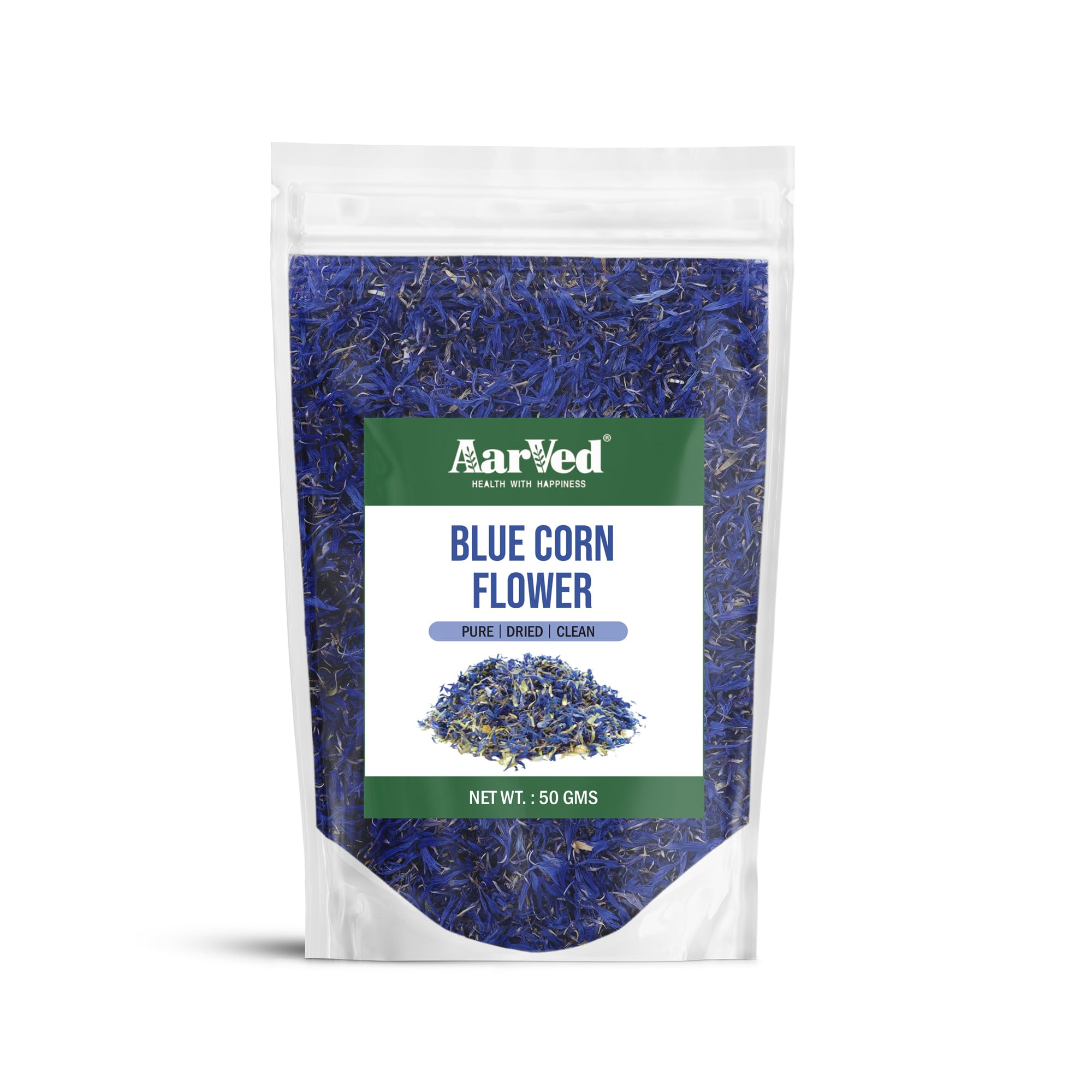 Aarved Dried Blue Cornflower Petals (50g, Pouch) Aromatic Blue Corn Flower Petals for Lattes, Tea Blends, Bath Salts, Provides Hydration For Beautiful Hair & Skin - Natural, Caffeine-Free (Pack of 1)