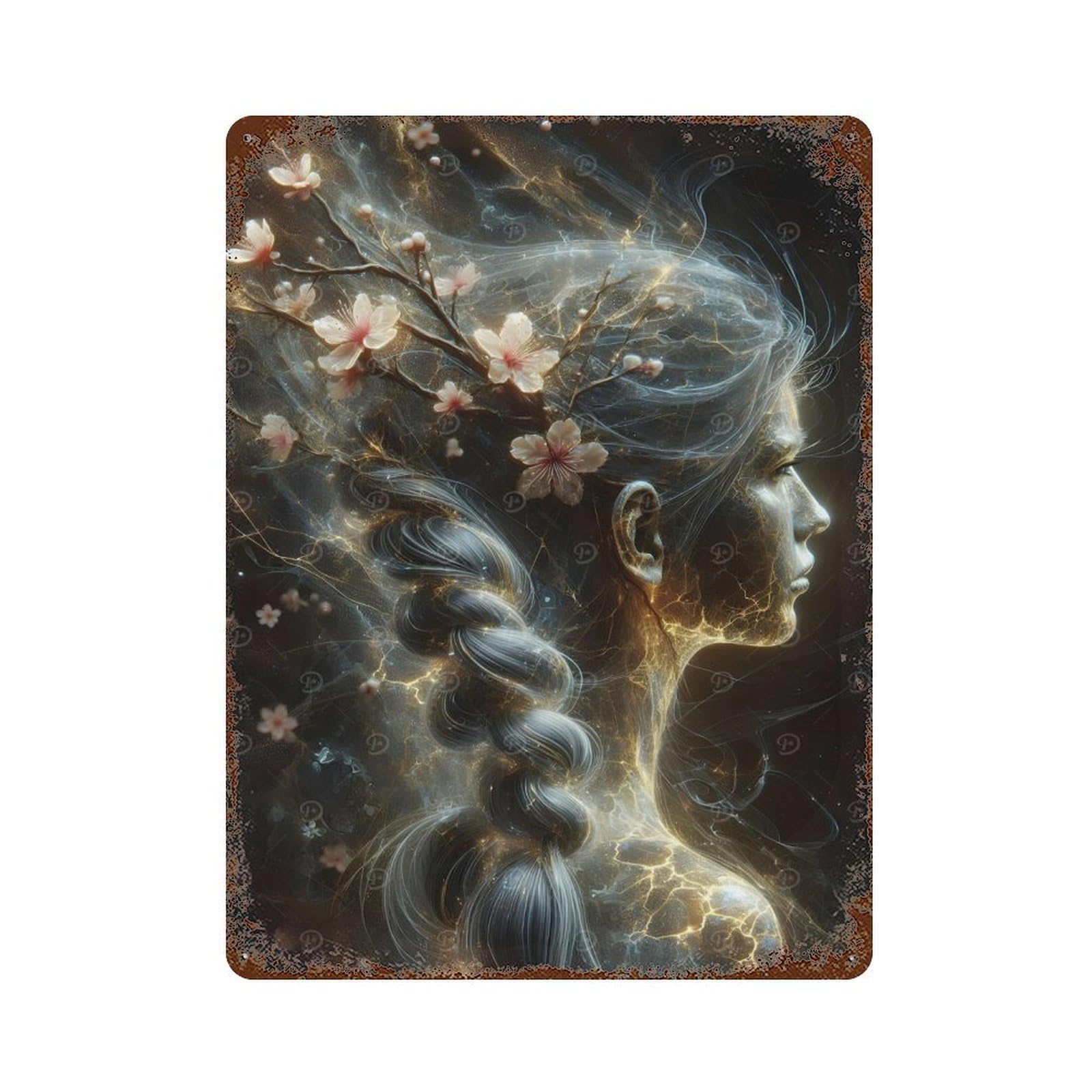 Ethereal Woman with Cherry Blossoms Weathered Tin Sign 15.7"x11.8", Rustic Home Decor for Office, Studio And Wall Decor