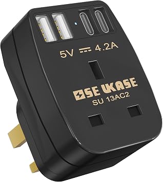 SE UKASEUK Socket with 4 USB Ports2USB A+2USB C, 5 in 1 Multi Plug Extension, 13A UK 3 Pin Power Socket, Multi USB Plug Adapter Extensions for Home, Office, Kitchen