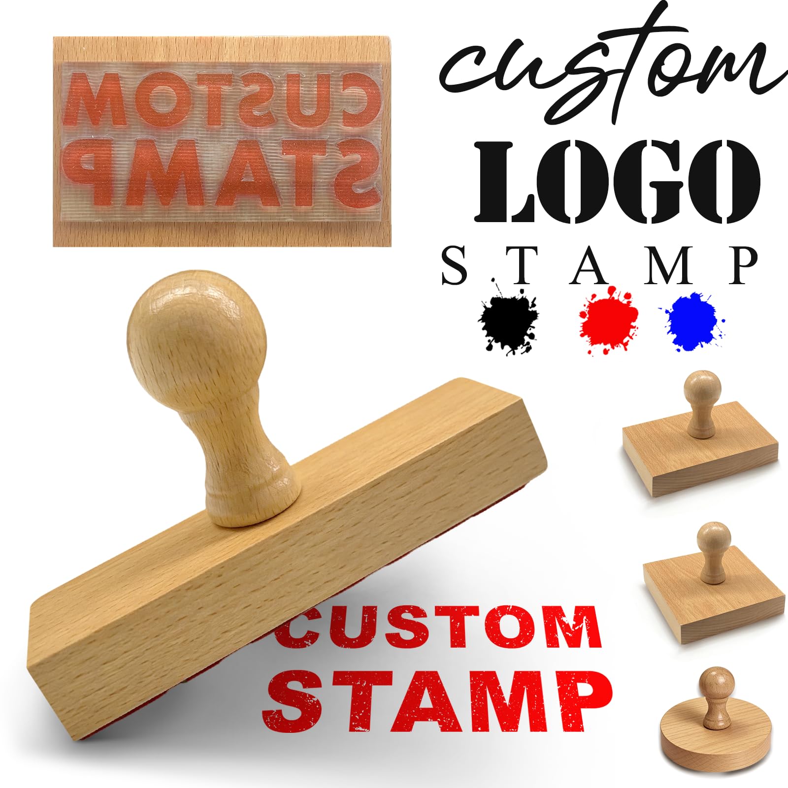 Wjuneyao Rectangle Custom Logo Stamp Personalized Wooden Rubber Stamps With Text, Name With Handle, Address| Multiple Sizes For Business| Make Your Own Stamp