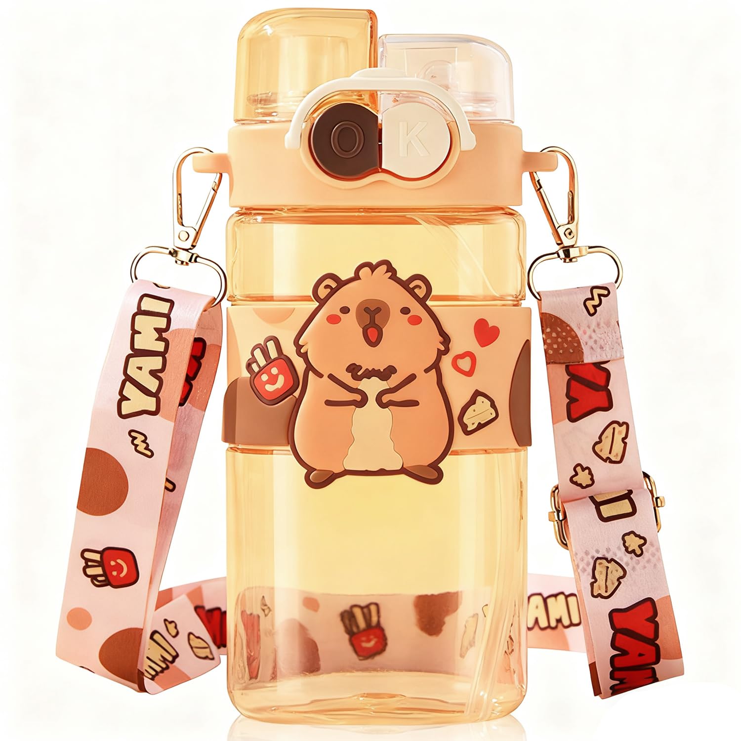 Spiritzohic Capybara1 Capybara Water Bottle With Straw, 520Ml Capybara Drinking Bottle Reusable Cup With Shoulder Strap Double Drinking Leakproof Bottles Cup Drink Flasks Kettle Drinks Bottles Flip Top Toddler Sippy Cups