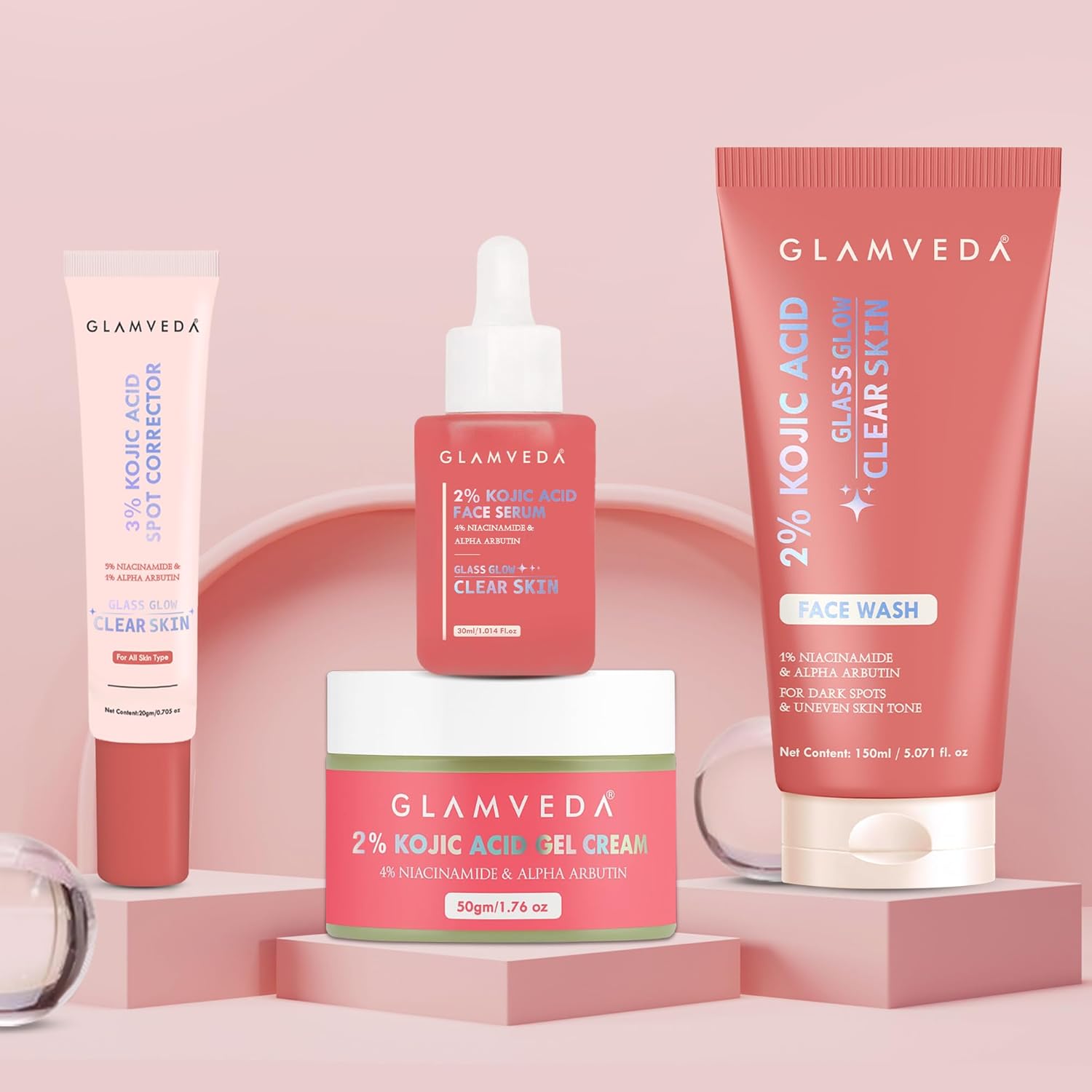 Glamveda 2% Kojic Acid 4 Step Skincare Routine Facewash, Spot Corrector, Serum & Gel Cream For Remove Dark Spots, Pigmentation, Acne Scars, Clear and Glowing Skin | For Men & Women | All Skin Type