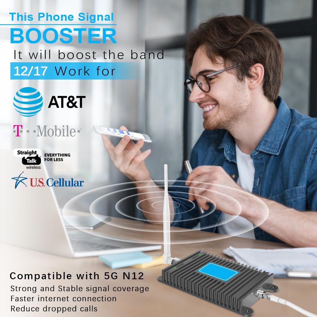Cell Phone Signal Booster for Home ATT, Cricket, US Cellular 5G 4G 700MHz Band 12/17 LTE Cell Signal Booster, Outdoor Directional and Indoor Omni-Directional Antenna Kit, FCC Approved