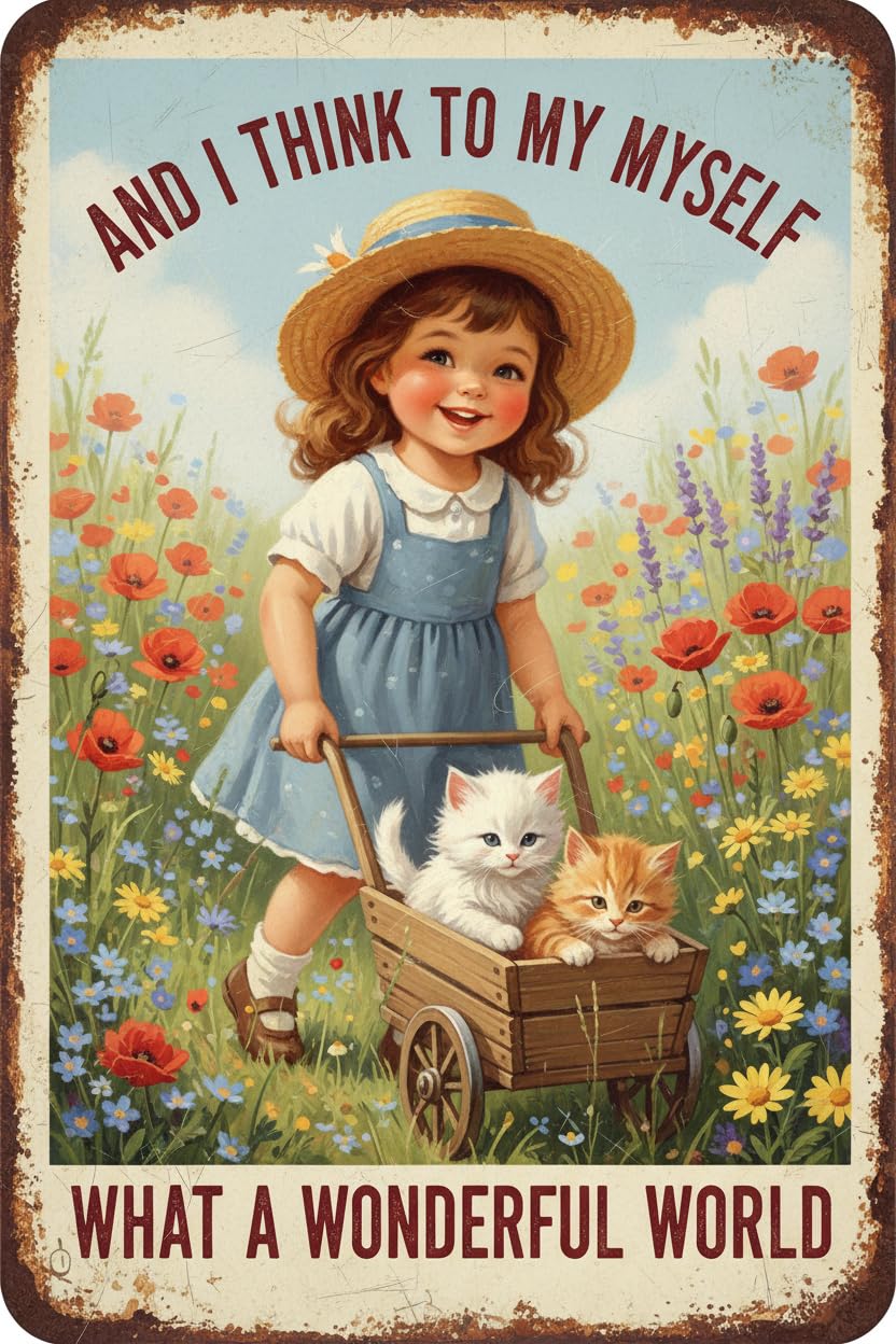 Garden Girl Metal Tin Sign Wall Art Rustic Vintage Outdoor Decor And I Think To Myself What A Wonderful World Quote 12 * 8inch