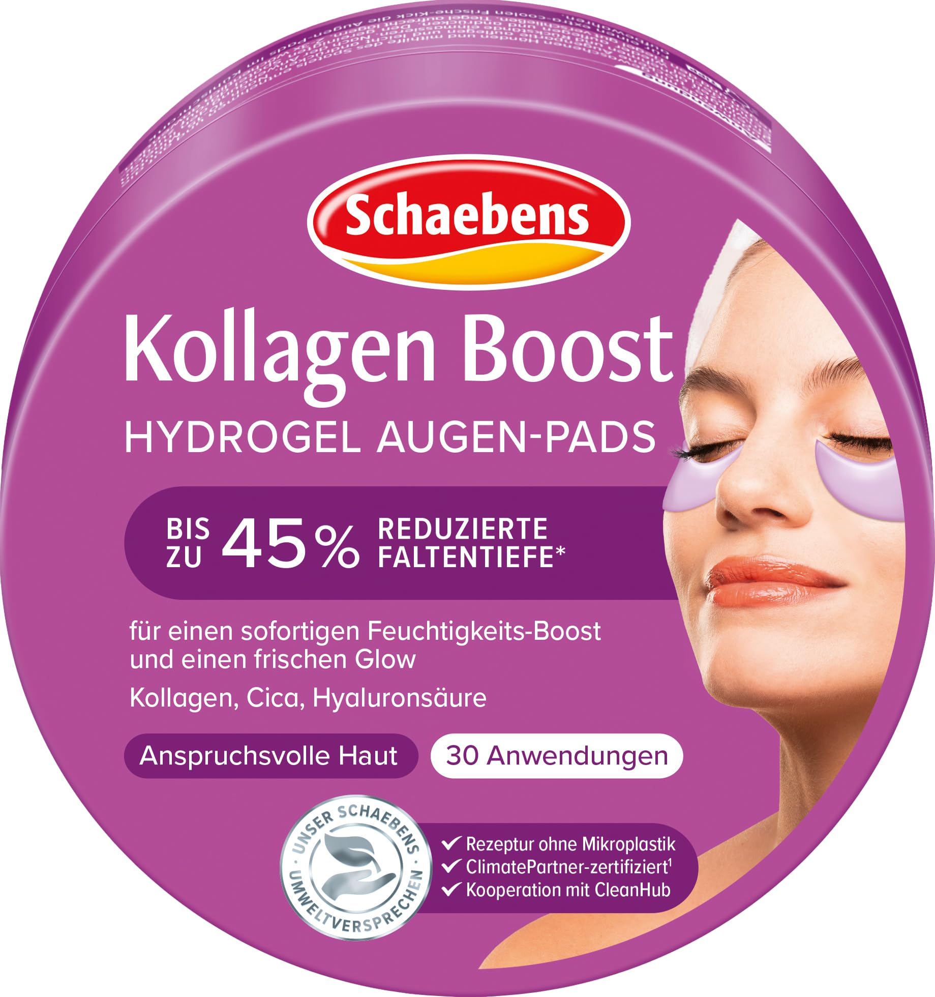 Schaebens Kollagen Boost Hydrogel Augen-Pads, 60 Stück für 30 Anwendungen, für einen sofortigen Feuchtigkeits-Boost und einen frischen Glow mit Kollagen, Cica und Hyaluronsäure