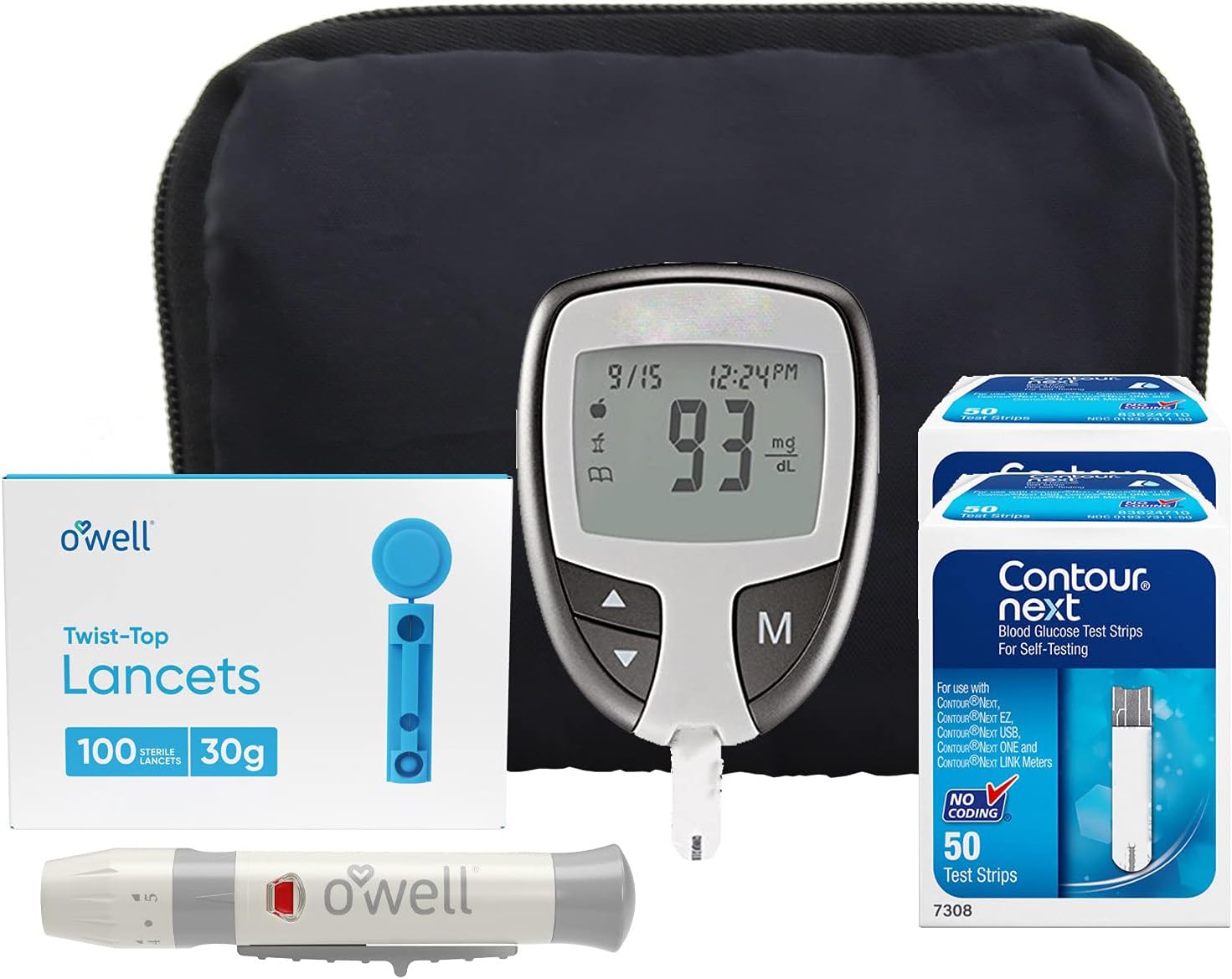 Contour NEXT EZ Diabetes Testing Kit | Contour NEXT EZ Blood Glucose Meter, 100 Contour NEXT Blood Glucose Test Strips, 100 O'WELL Lancets, O'WELL Lancing Device, LogBook, User Manual & Carry Case