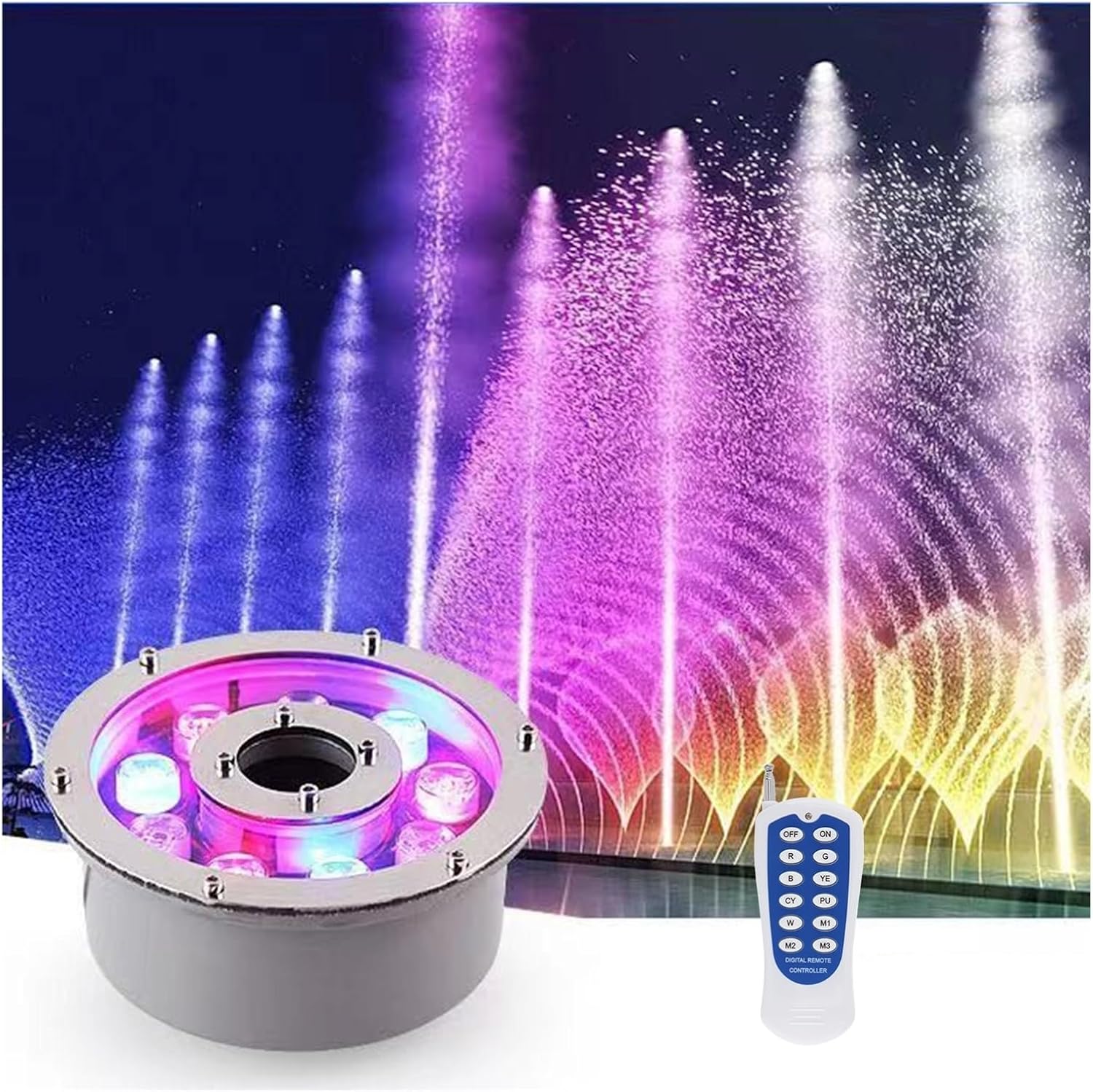 RGB LED Fountain Light, 12/24V IP68 Waterproof Middle Hole Pond Lighting, Pond Lights for Outdoor Ponds (Color : RGB+Control, Size : 18w-24v)