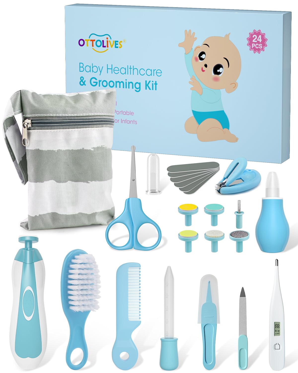 OTTOLIVES Baby Healthcare and Grooming Kit, 24 in 1 Baby Electric Nail Trimmer Set Newborn Nursery Health Care Set for Newborn Infant Toddlers Baby Boys Girls Kids Haircut Tools (0-3 Years+) (Blue)