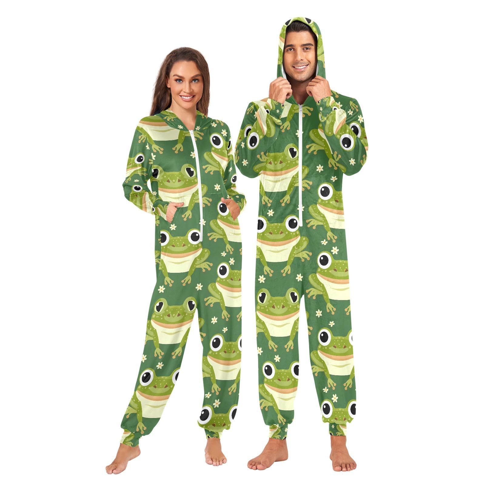 Mnsruu Grenouille Vert Animal Adulte Onesie pour Hommes Pyjama Polaire à Capuche Combinaison Loungewear Vêtements de Nuit