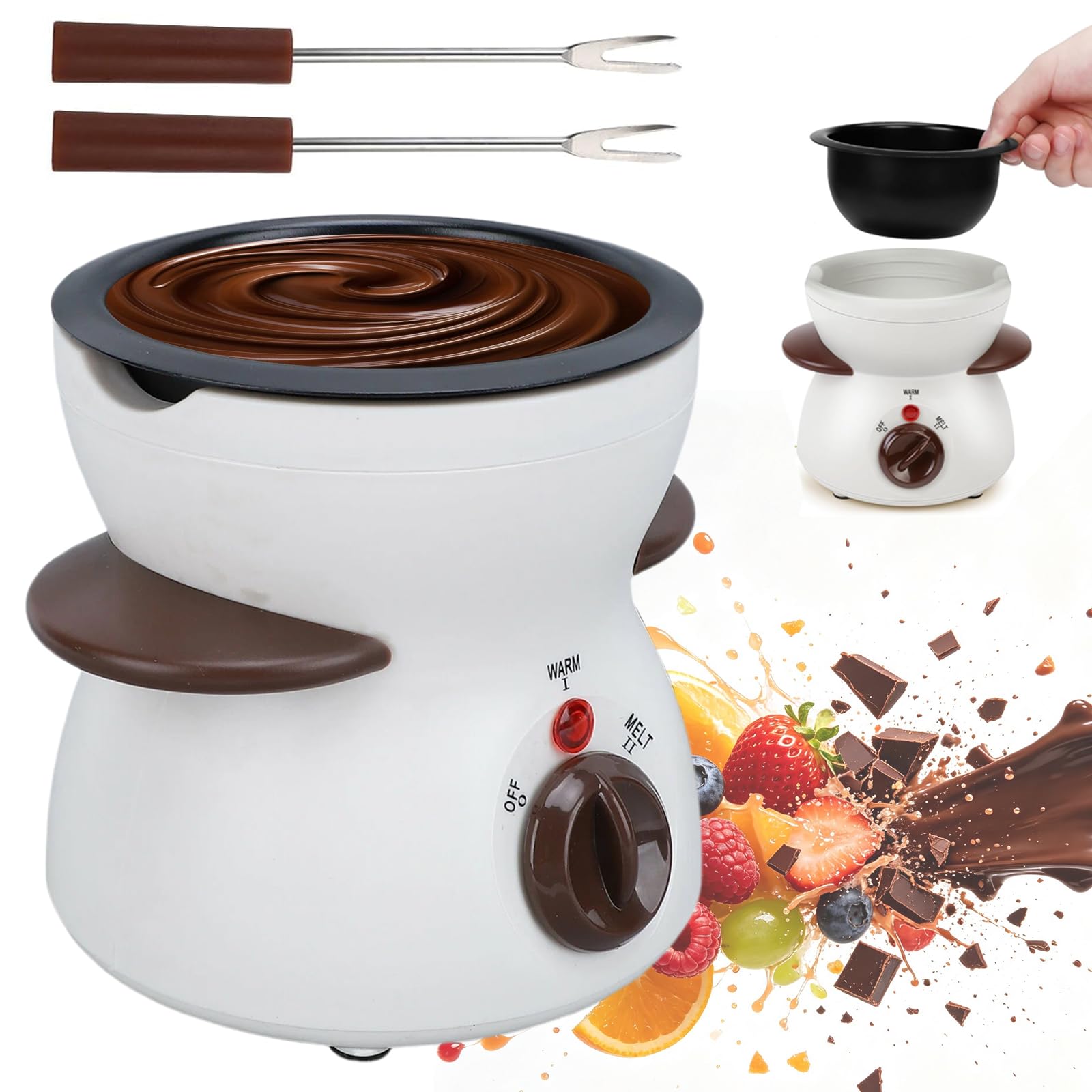Fondue de chocolate eléctrico de 300 ml, derretidor de chocolate con 8 tenedores de acero inoxidable, juego de fondue para derretir chocolate y cobertura, regulador de temperatura para postres