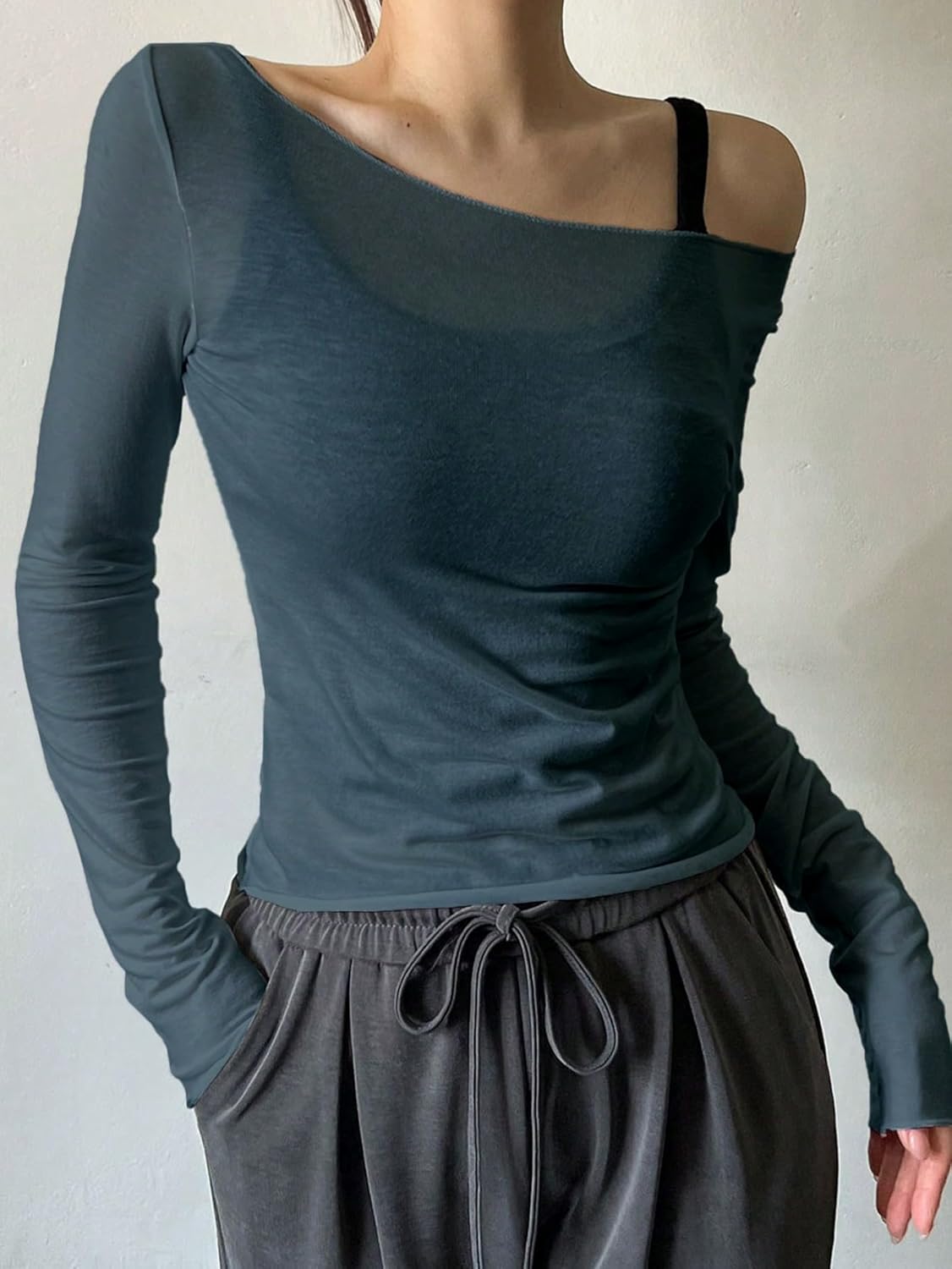 QJQ Women's Sheer Mesh Off The Shoulder Tops Long Sleeve See Through Shirts Going Out Party Club Outfits - Image 3