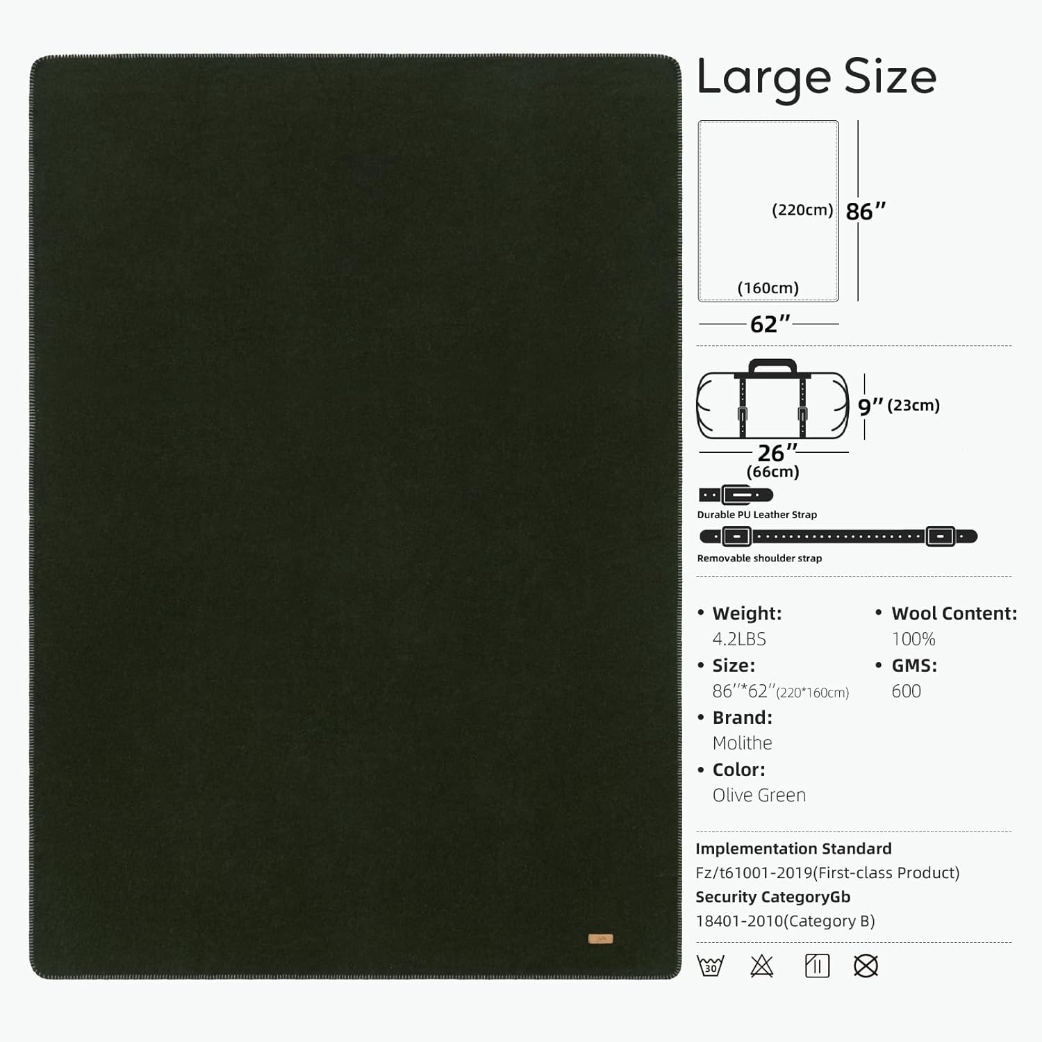 Molithe 100% Wool Blanket, 62" x 86", Warm, Thick, Washable, Military Wool Blanket, Great for Camping, Outdoors, Sporting Events, Survival Kits