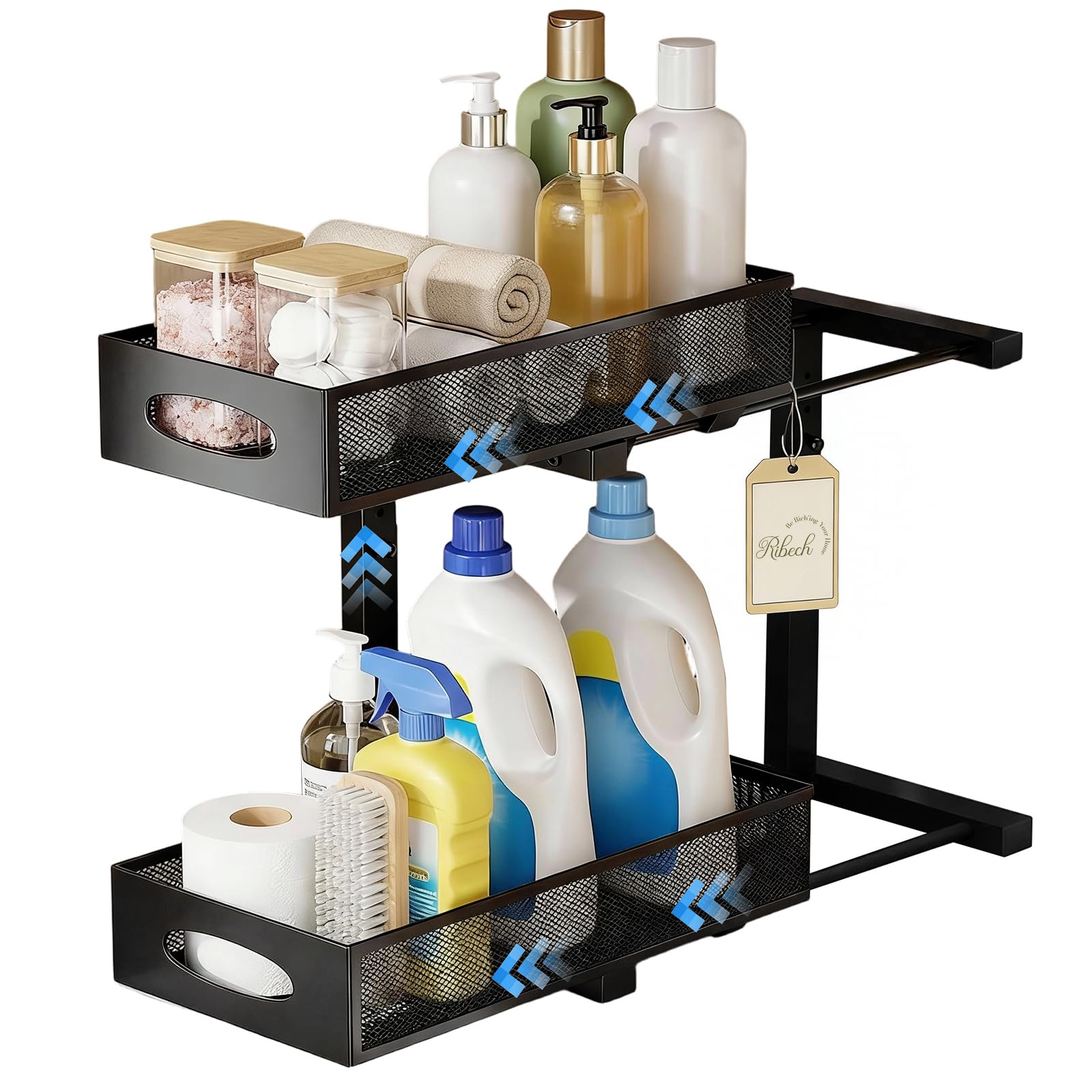 Ausziehbarer Schrankorganizer, 2-stöckiger Metallkorb mit Mesh-Schubladen für Küche (Untertisch), Bad, Vorratsschrank