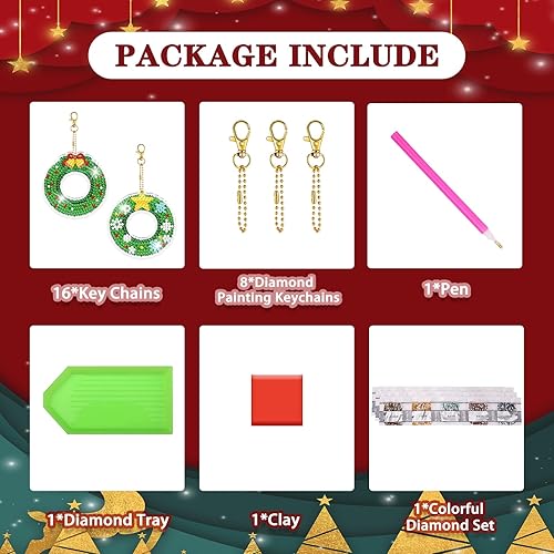Miniatura 6 de Kits de llaveros de pintura de diamantes de Navidad, llaveros de arte de diamantes 5D de doble cara para manualidades, adornos de diamantes de