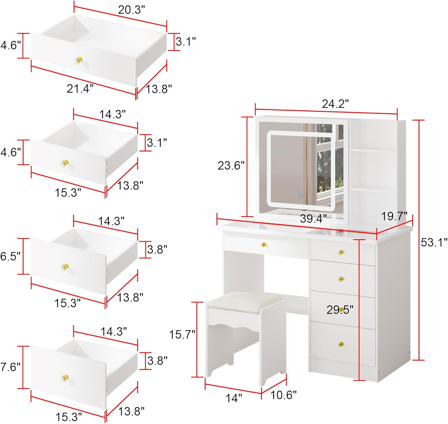 Diagram showing the dimensions of the Hitow Vanity Desk and its components, including the desk, mirror unit, drawers, and stool.