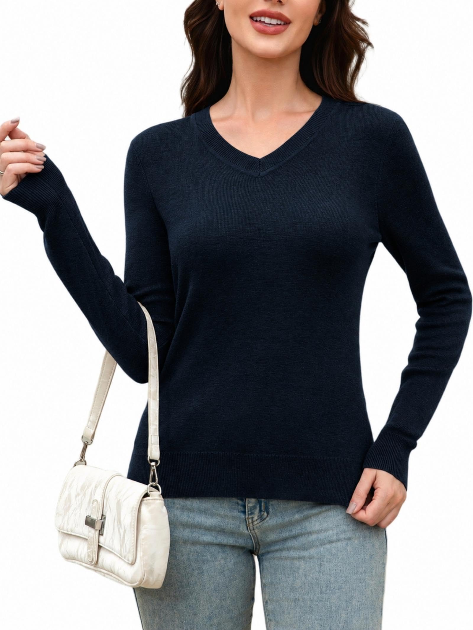 Women's Cashmere Blend V Neck Long Sleeve Sweater - 1