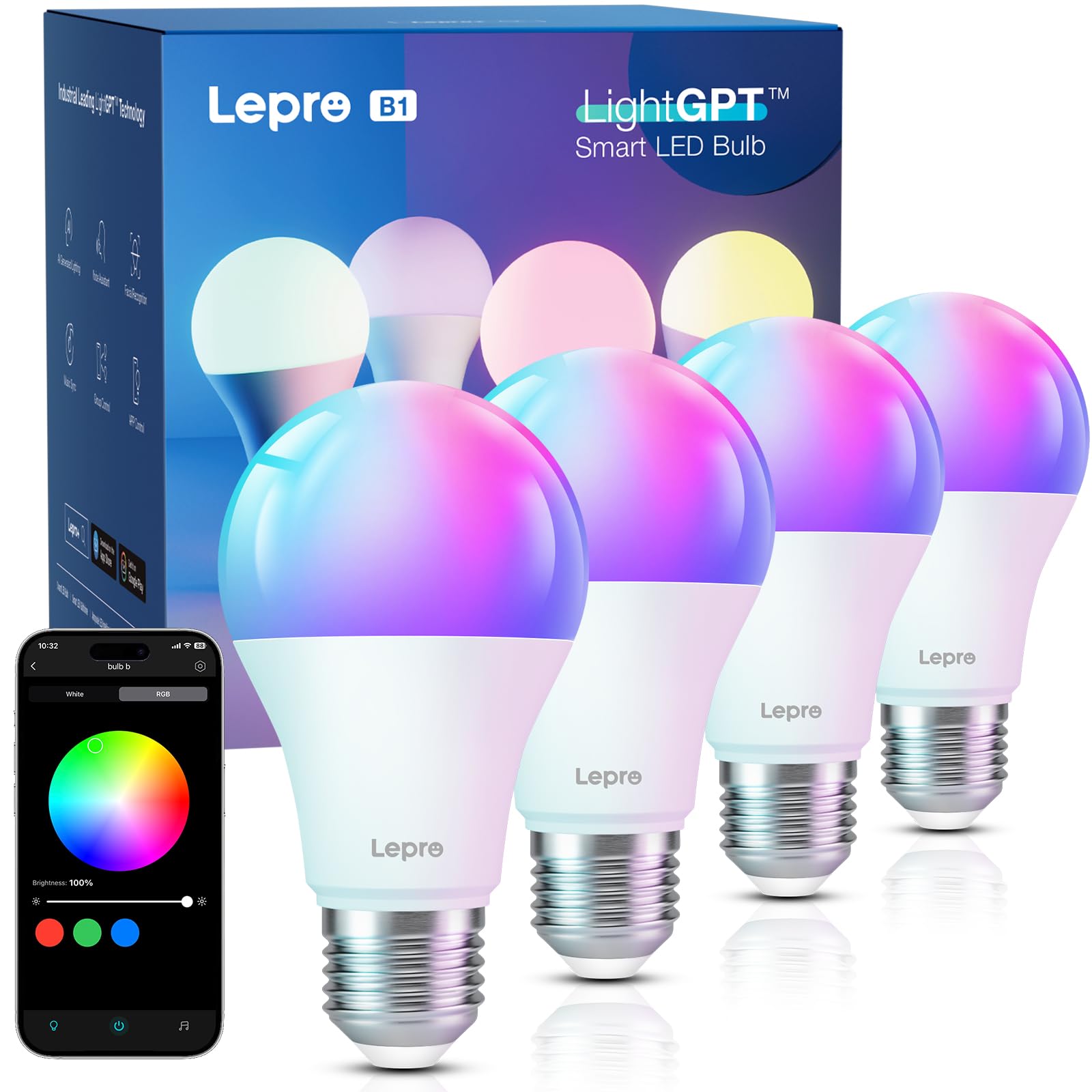 Lepro B1 AI Halloween Light Bulbs - AI Mood Recognition, Music Sync, Thousands Dynamic Scenes, 2.4Ghz Wi-Fi RGBWW Color Changing LED Bulb, Built-in Voice Control Via App, 8.5W 60W Equivalent, 4 Packs