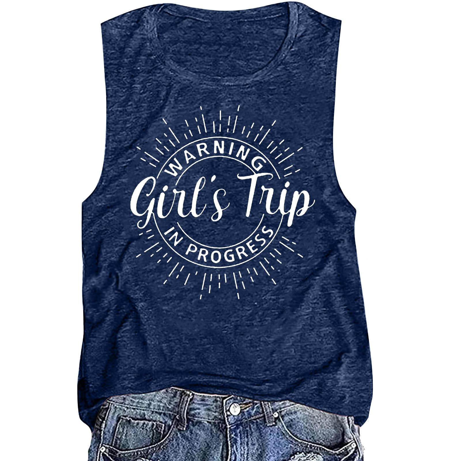 Women's 2024 Warning Girls Trip in Progress T Shirts Casual Crewneck Tank Tops