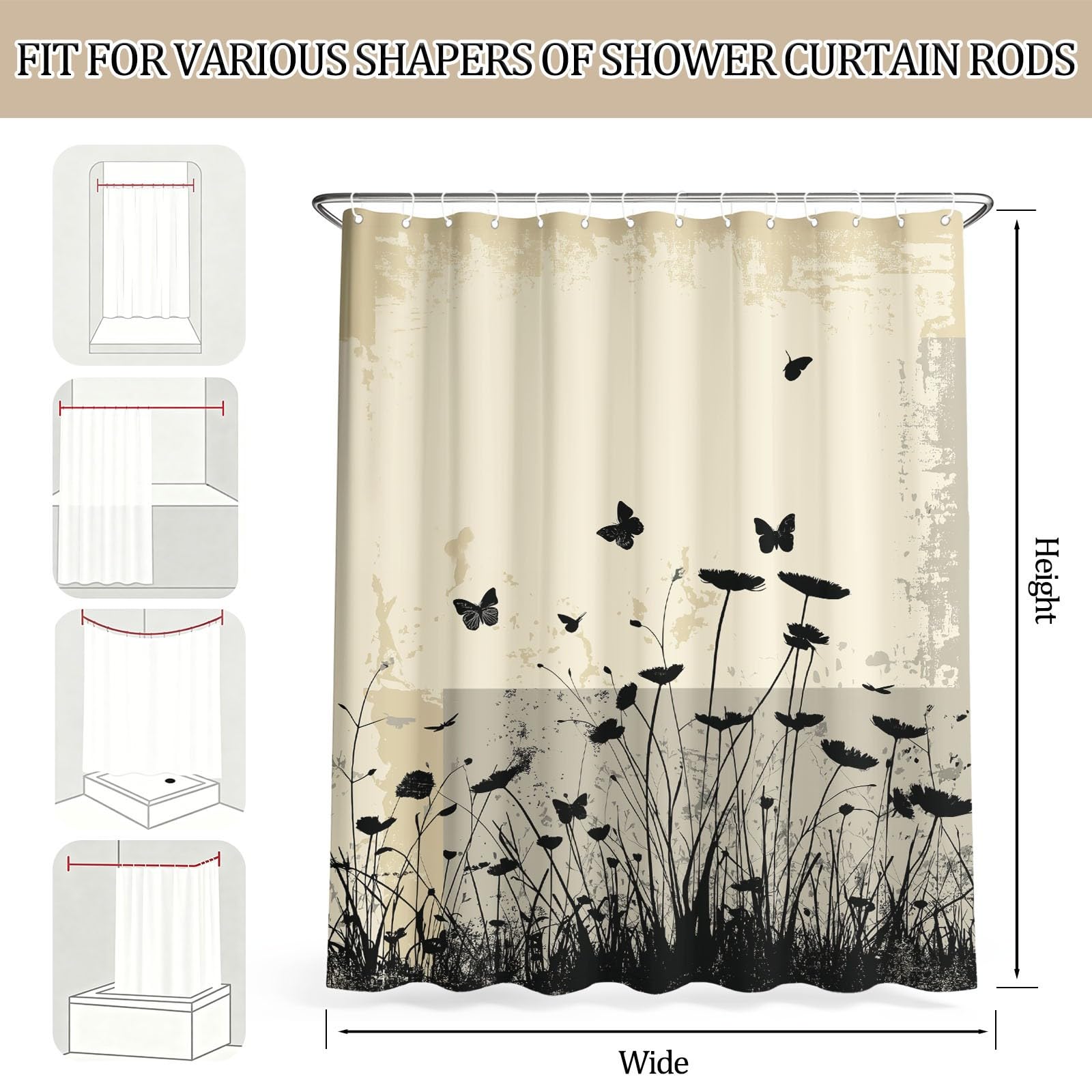 Rideau de Douche Moderne Abstrait en Polyester imperméable et Lavable avec Crochets, 240 x 200 cm, Rideau de Salle de Bain Géométrie Floral Silhouette Composition divisée Nature pour Salle de Bain