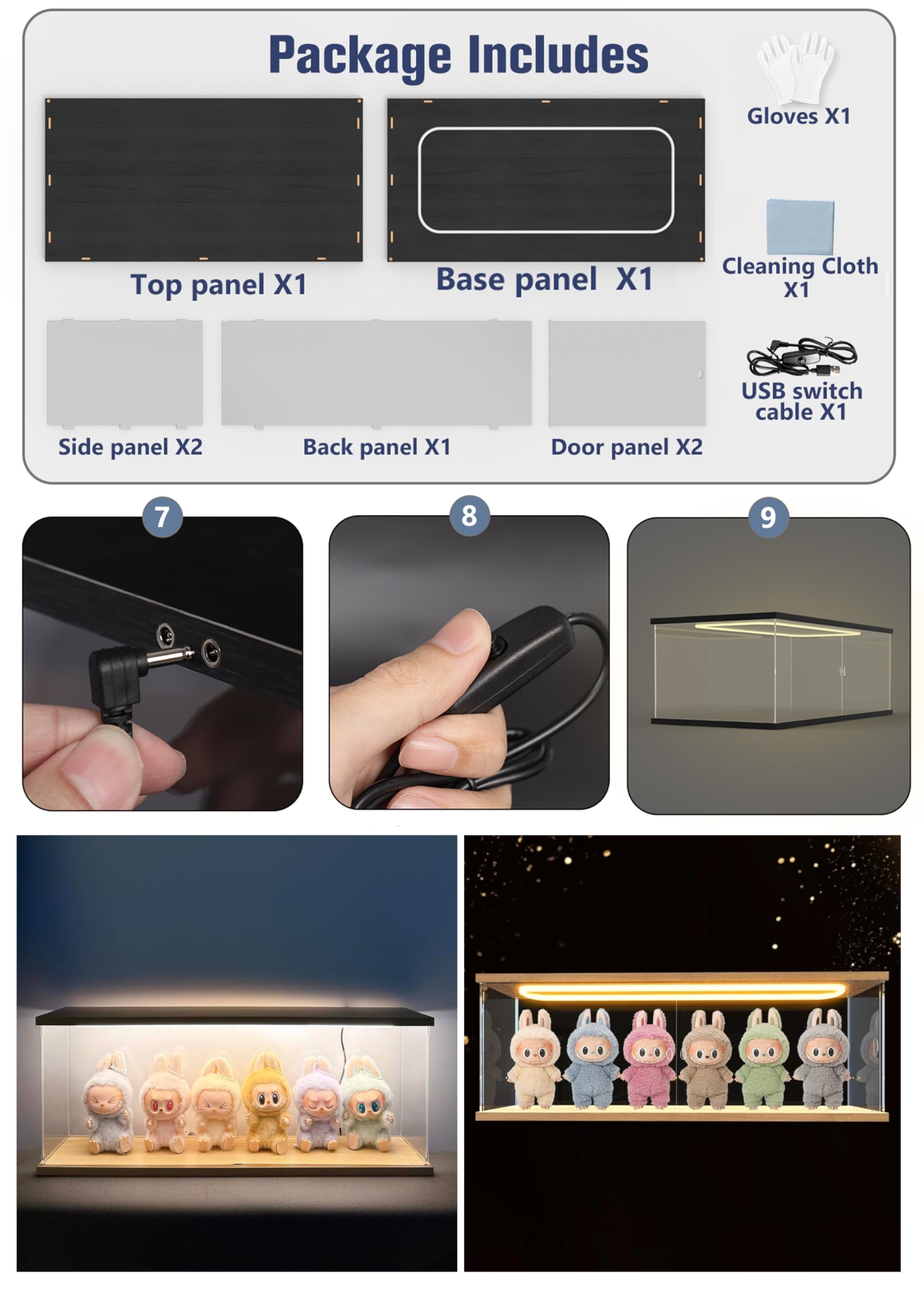 DuvinDD Vitrina acrílica con iluminación LED para Lego Ferrari Daytona SP3 para Lego McLaren P1 para Porsche 911 – 60 x 30 x 20 cm – Caja protectora transparente contra el polvo con base negra