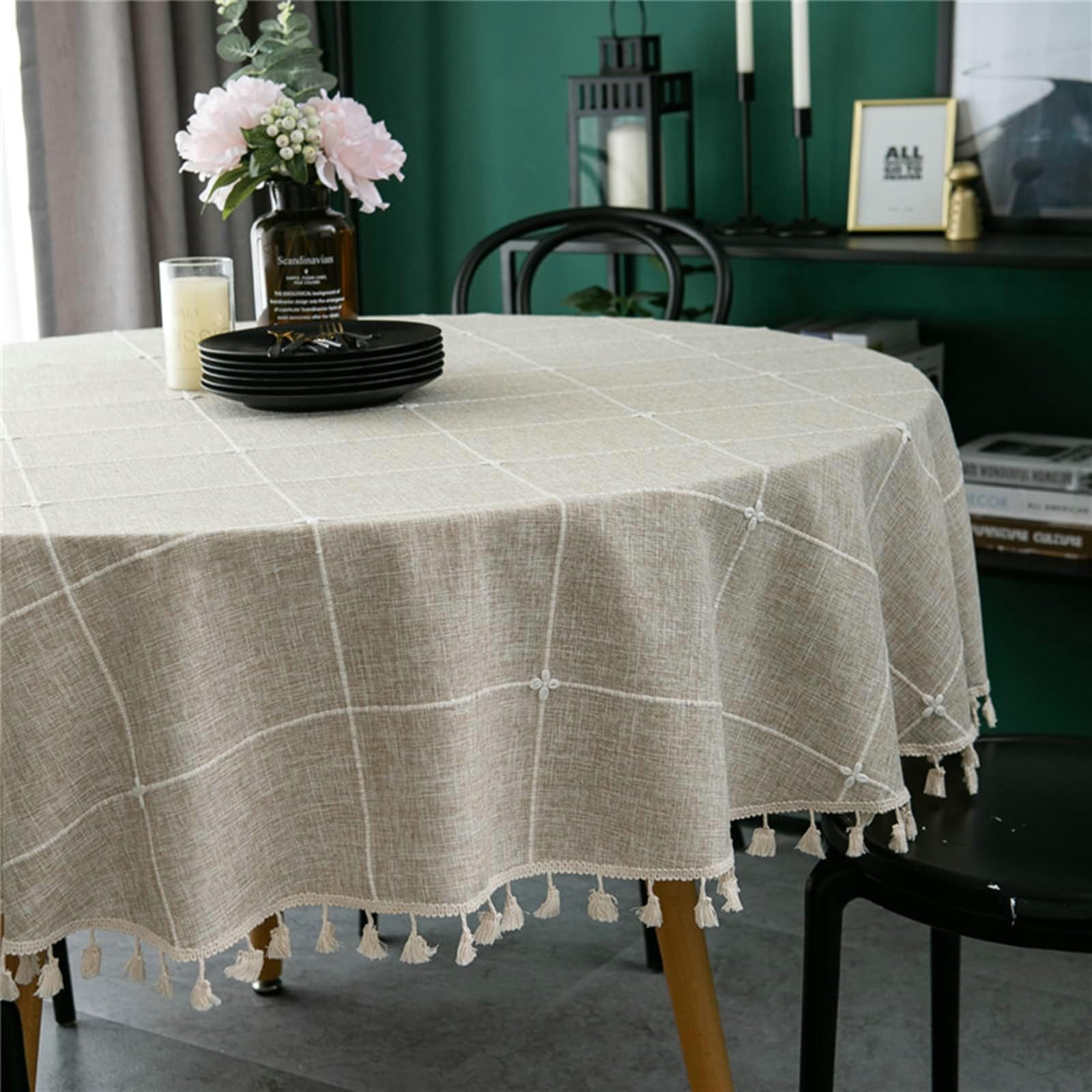 Gualiy Mantel Redondo Restaurante, Poliéster Algodón Manteles de Mesa Round 180CM Mantel de Cocina Antimanchas Jacquard de Cuadros con Borlas Mantel para Mesa de Cocina, Café Claro
