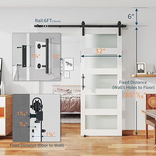 Miniatura 2 de ALAMEDADT Puerta de granero de vidrio de 32 x 84 pulgadas y kit de herrajes de 6 pies incluido, losa de puerta de granero blanco MDF con vidrio