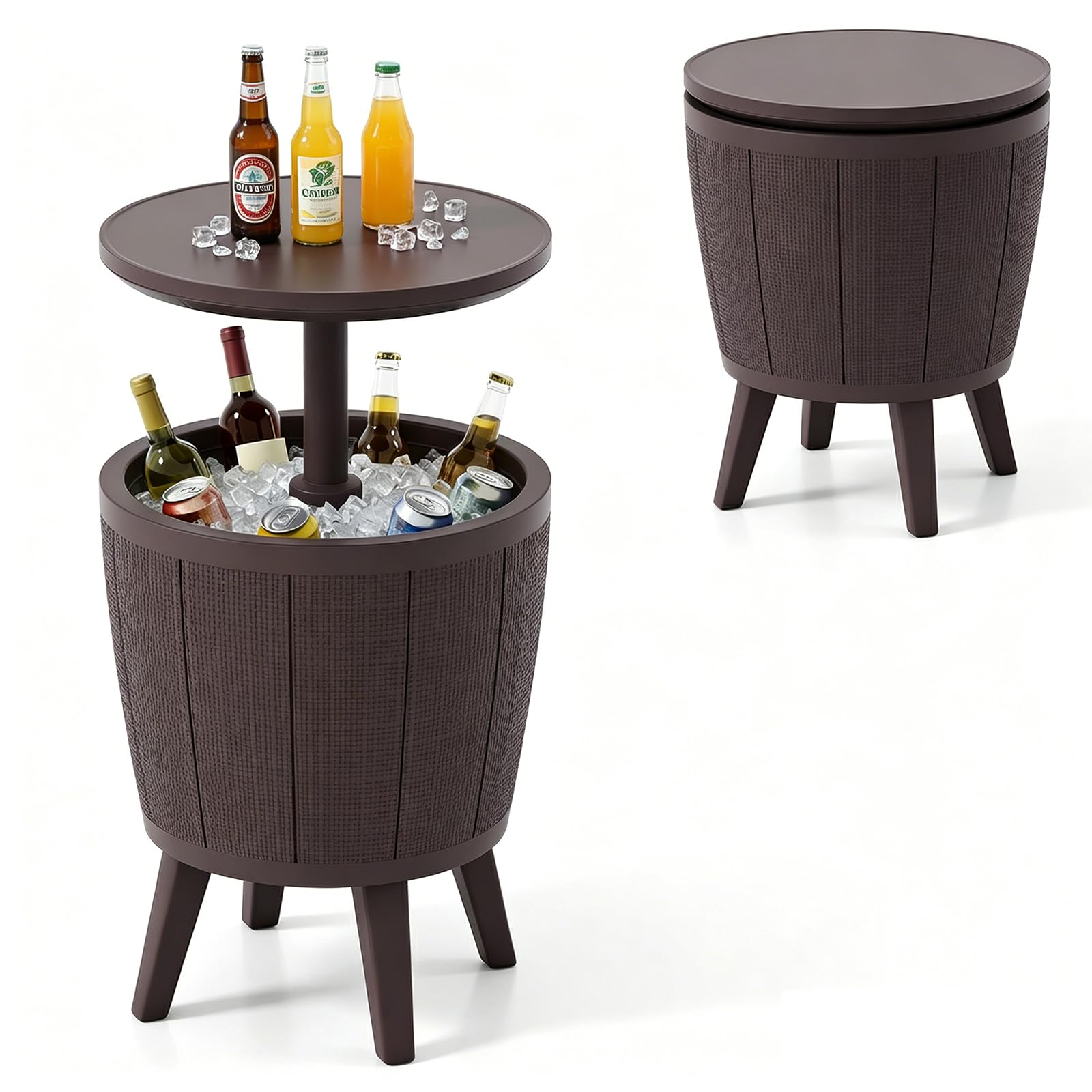 GYMAX Cool Bar 38L, höhenverstellbarer Beistelltisch mit Kühlfunktion, Getränkekühler Outdoor mit Abflussloch, Gartenbar, Cocktailtisch für Garten, Hof & Poolbereich (Braun)