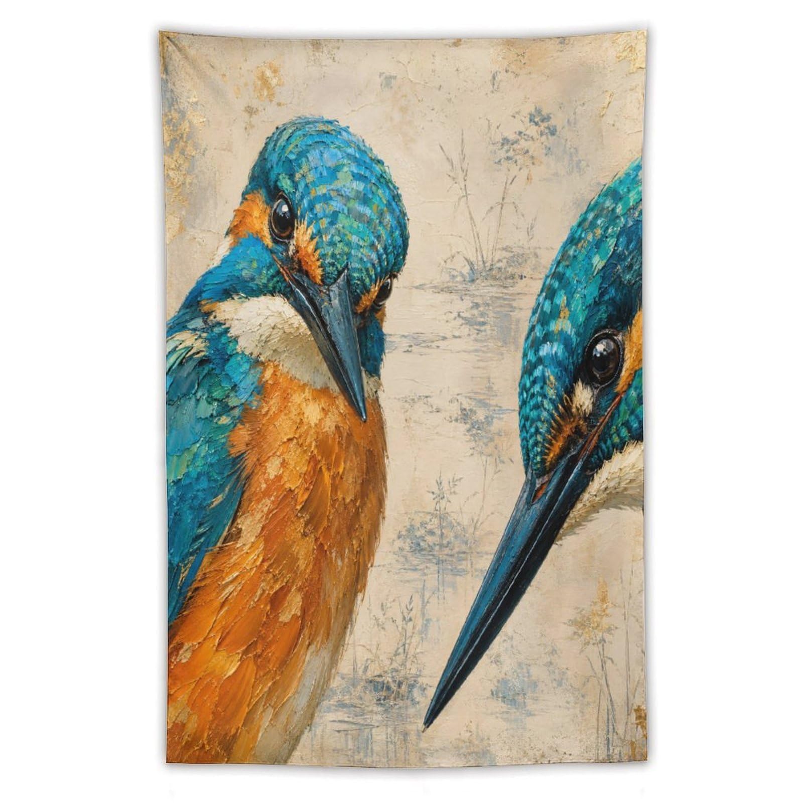 H3B8U2Y5 Kingfisher Bird Pair Wall Tapestry, Realistic Illustration Style