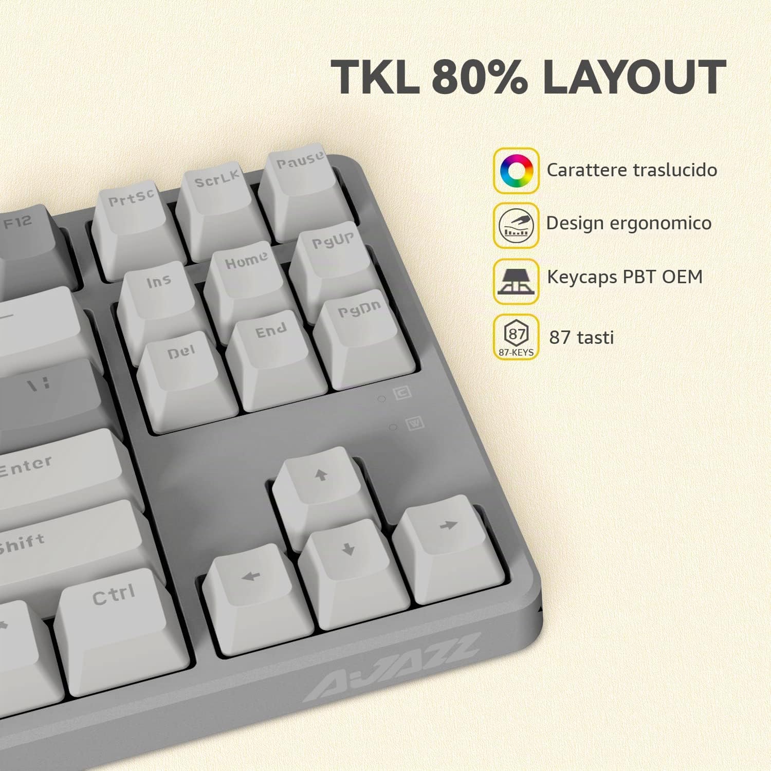 A.JAZZ AK873 Tastiera da Gioco 75%-Tastiera Meccanica con Interruttore Rosso Hot Swappable-Cavo USB C a Spirale-RGB 87 Tasti PBT Keycap-Coperchio Top Magnetico Staccabile per PC/Mac-LightGrey