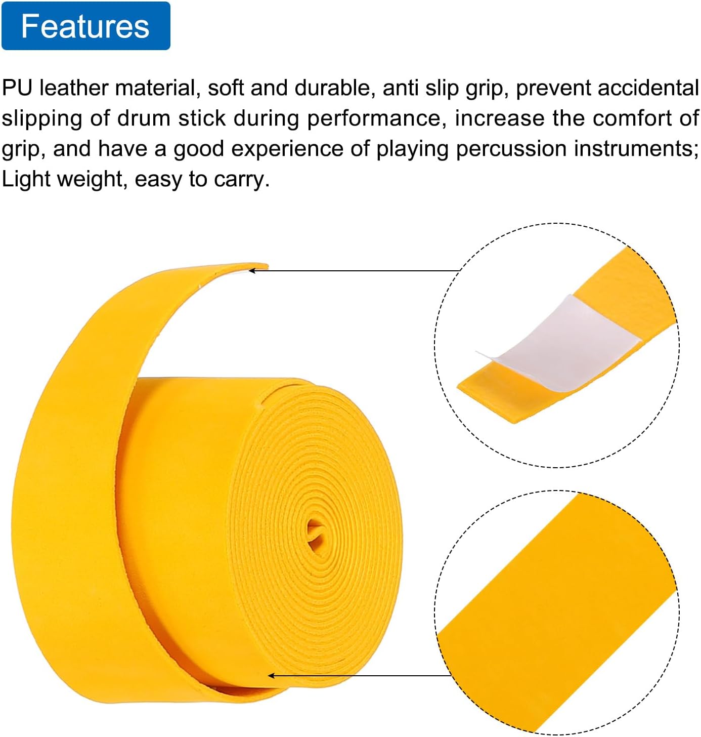 MECCANIXITY 2pcs Drum Stick Tape Drumstick Grips Drumstick Wrap Anti Slip 1" Width 43" for Drum Percussion Drumming Accessories Yellow