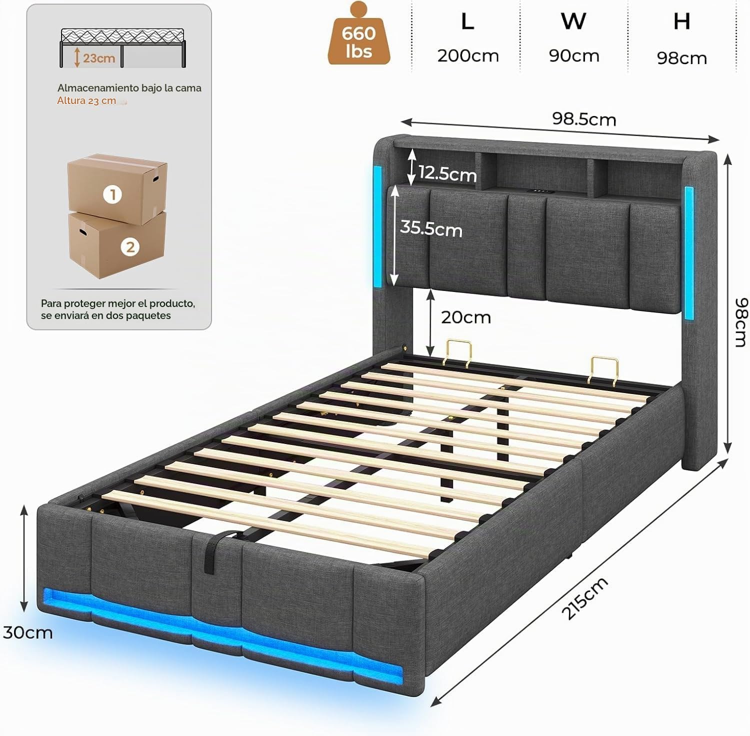AOGLLATI Cama Individual 90x200 cm, Cama Canape con Almacenamiento Hidráulico y iluminación LED, Somier con Estación de Carga y Cabecero Tapizado, Moderno, Gris Oscuro, Sin Colchón