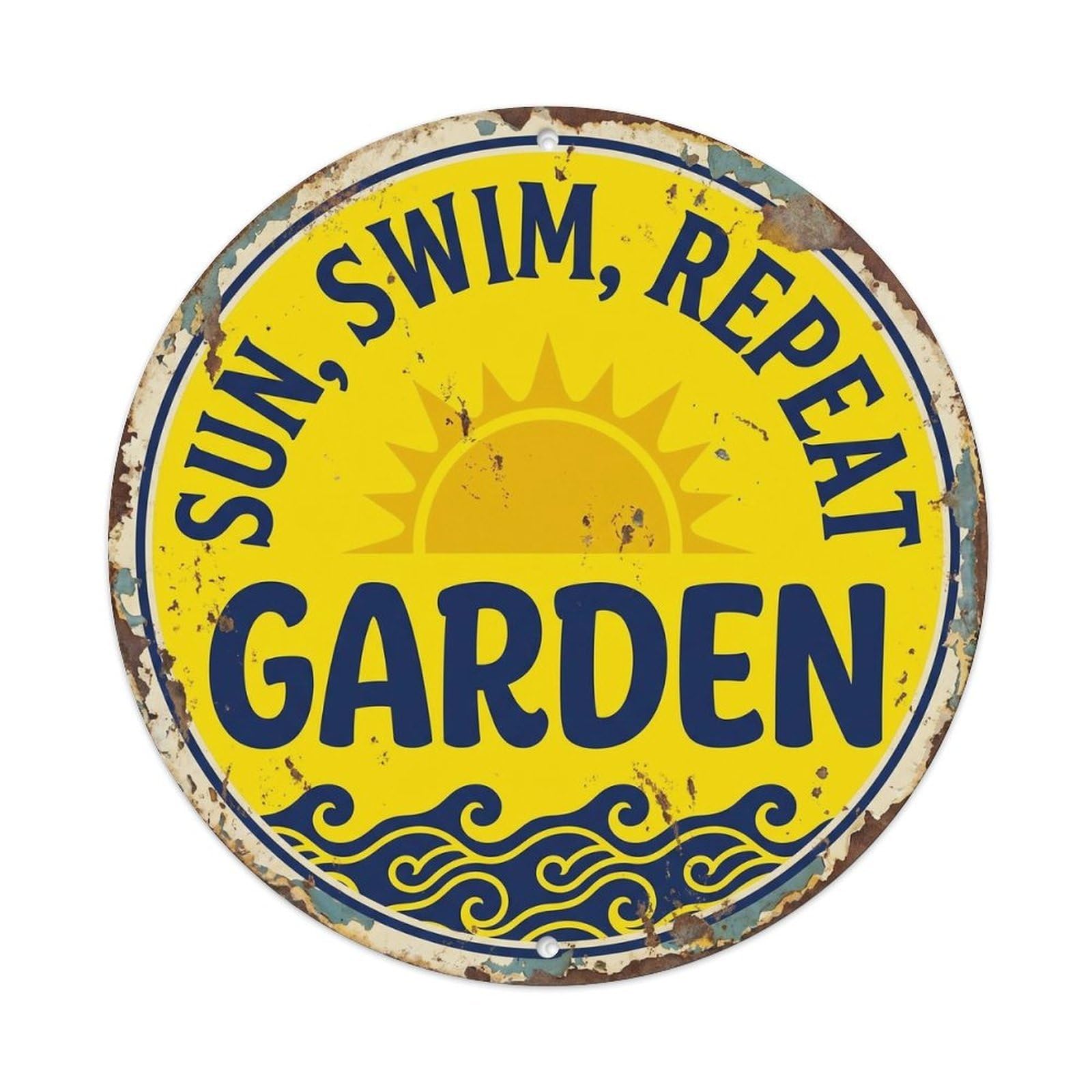 Yrnq Vintage Style Sun Swim Repeat Garden Vintage Metal Tin Sign Plaque Wall Decor For Cafe, Club, Garden Round Metal Poster 8X8inch