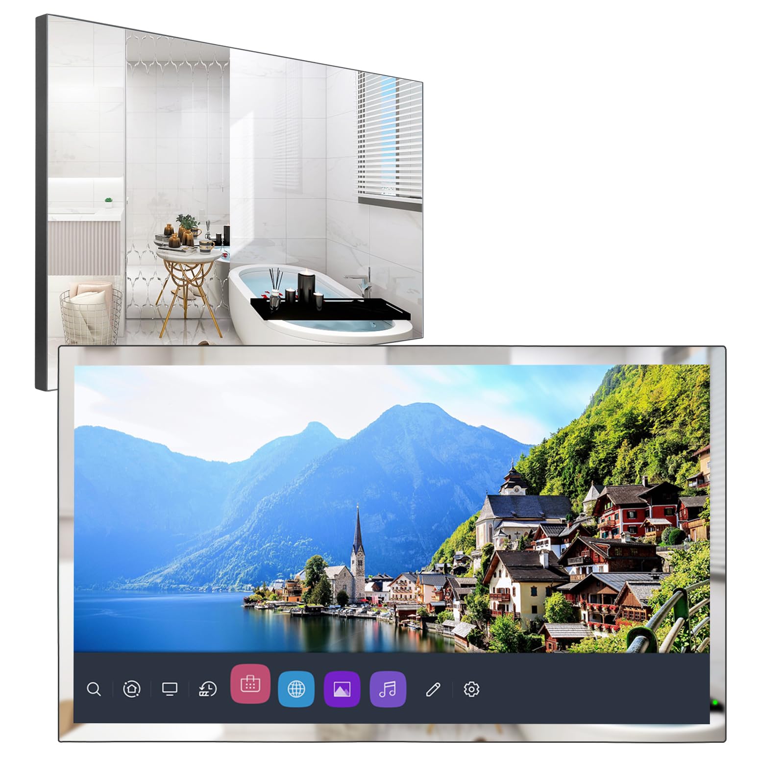 Soulaca 28-calowy telewizor Smart TV 4K UHD do łazienki,panel lustrzany, pilot Magic, wodoodporność IP65, oglądanie Netflix, HBO, PrimeVideo, wbudowana Alexa, głośniki, 280E027, model 2024