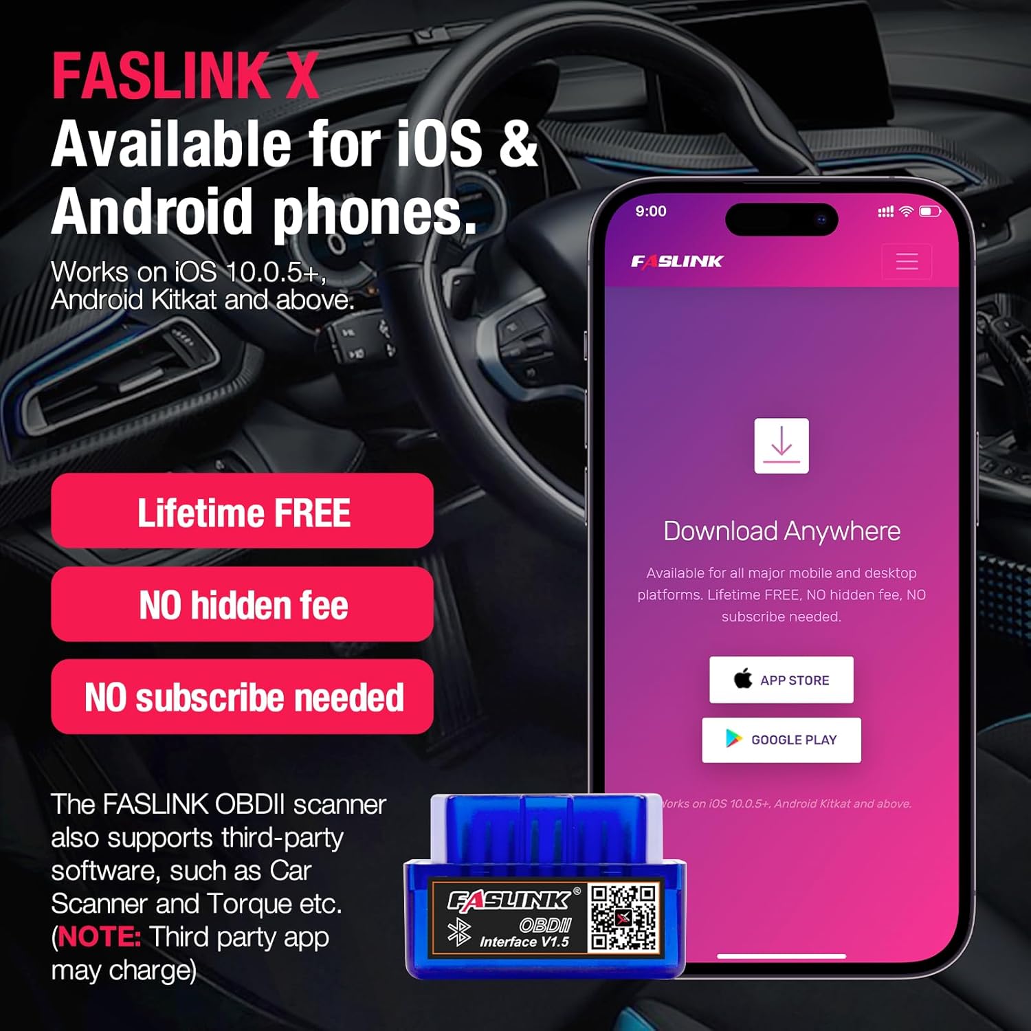 FASLINK X app download screen showing availability for iOS and Android, emphasizing lifetime free use with no hidden fees or subscriptions.