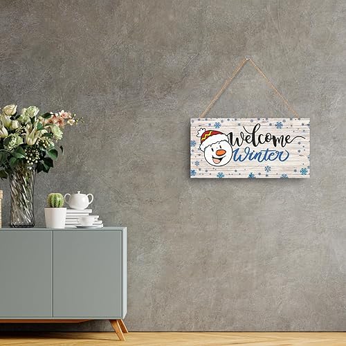 Miniatura 6 de Letrero de bienvenida de invierno, decoración rústica de madera para pared y puerta, muñeco de nieve impreso y copos de nieve, 11.9 x 6 pulgadas,
